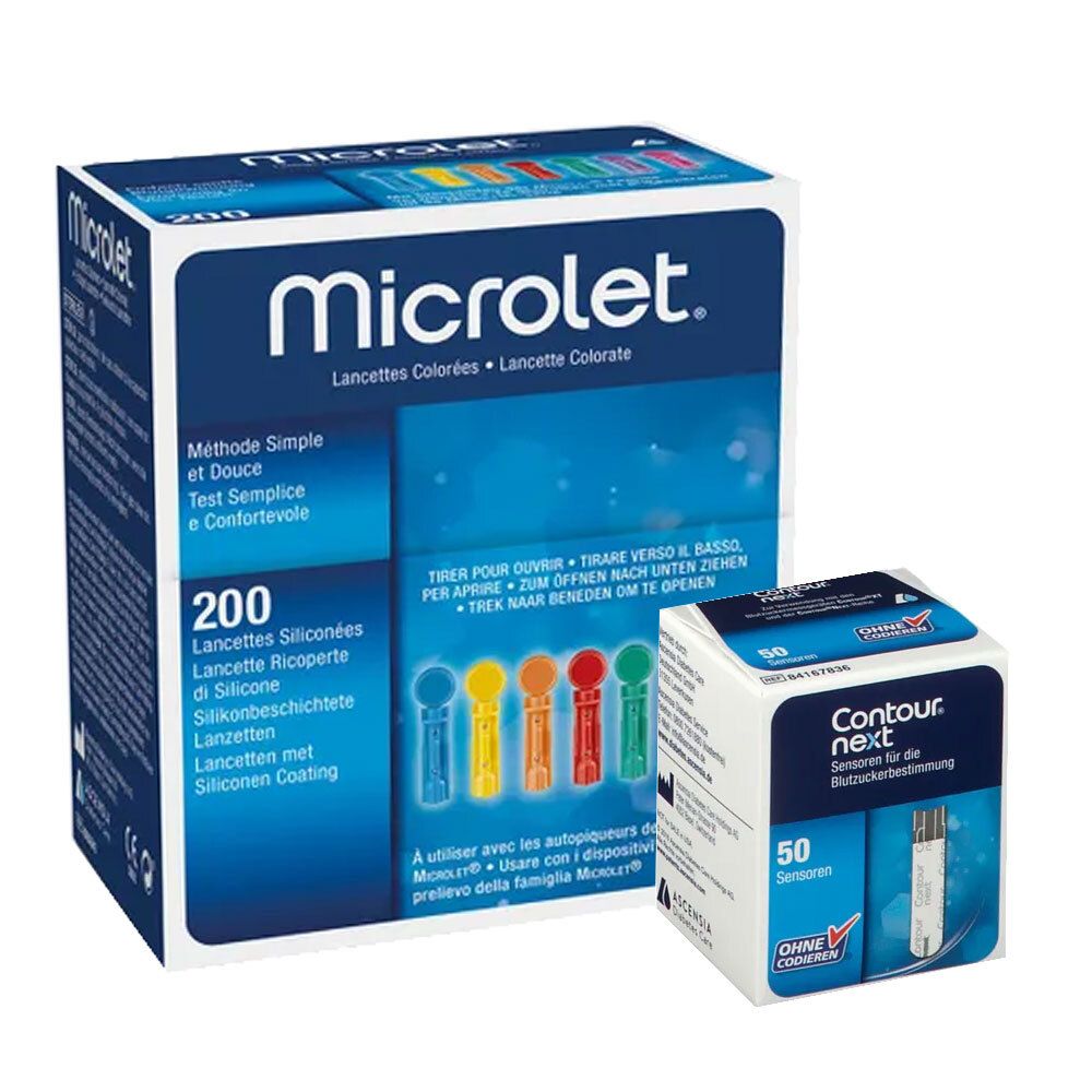 Zwei Produktverpackungen. Eine große Schachtel mit "Microlet" und 200 Lanzetten. Eine kleine Schachtel mit "Contour next" und 50 Sensoren.