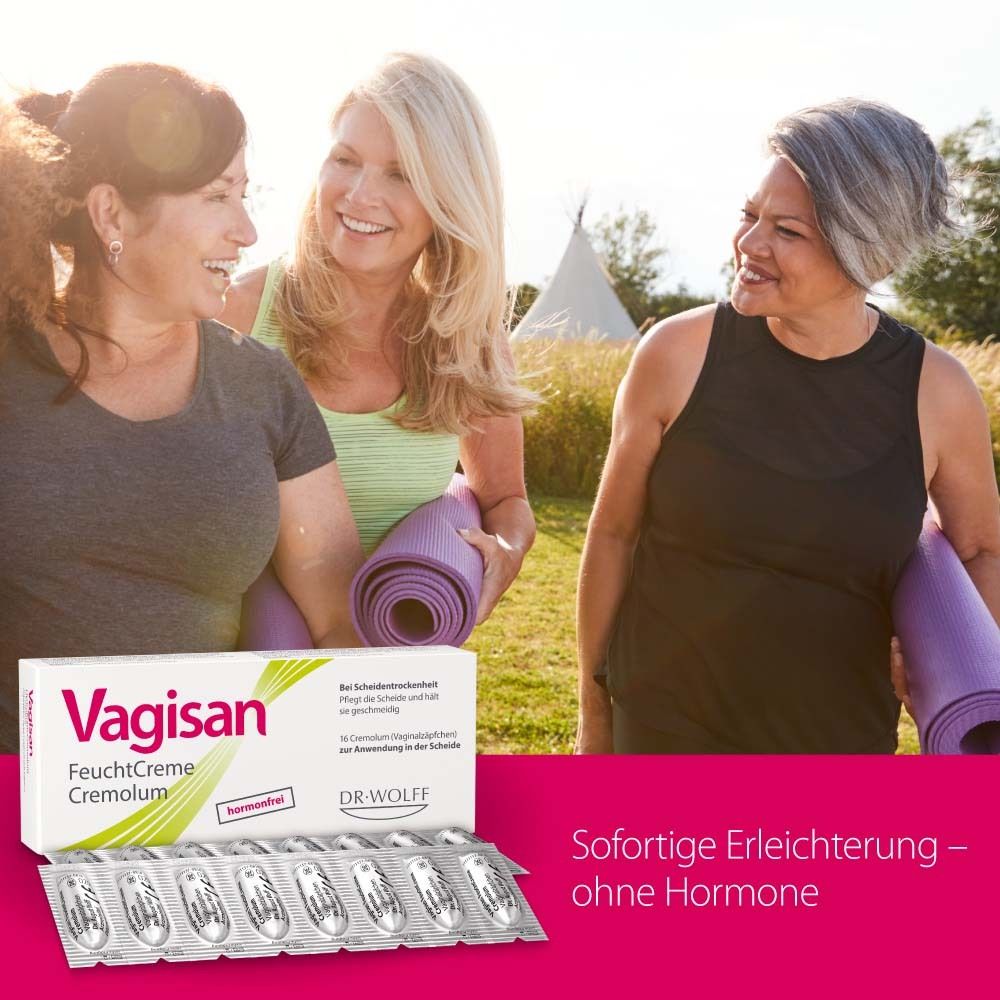 Packung Vagisan FeuchtCreme Cremolum und Blister. Drei Frauen lachen. Text: Sofortige Erleichterung - ohne Hormone.