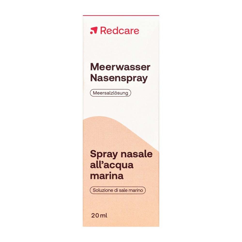 Nasenspray-Packung. Weißer Karton mit rotem Redcare-Logo und Produktbezeichnung. Meerwasser-Nasenspray.