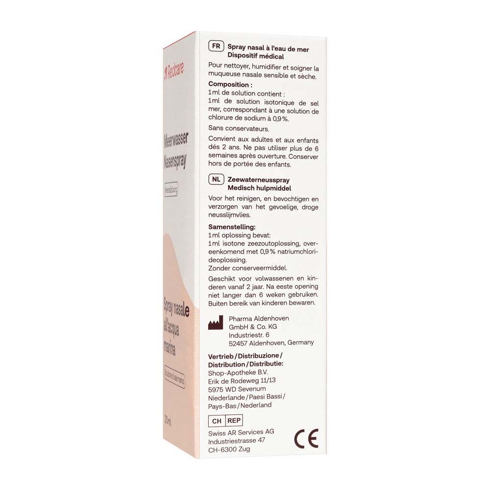 Rückseite der Nasenspray-Packung. Text in Deutsch, Italienisch, Französisch und Niederländisch. Medizinprodukt.