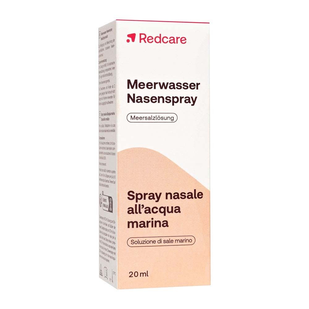 Nasenspray-Packung. Weißer Karton mit rotem Redcare-Logo und Produktbezeichnung. Meerwasser-Nasenspray.