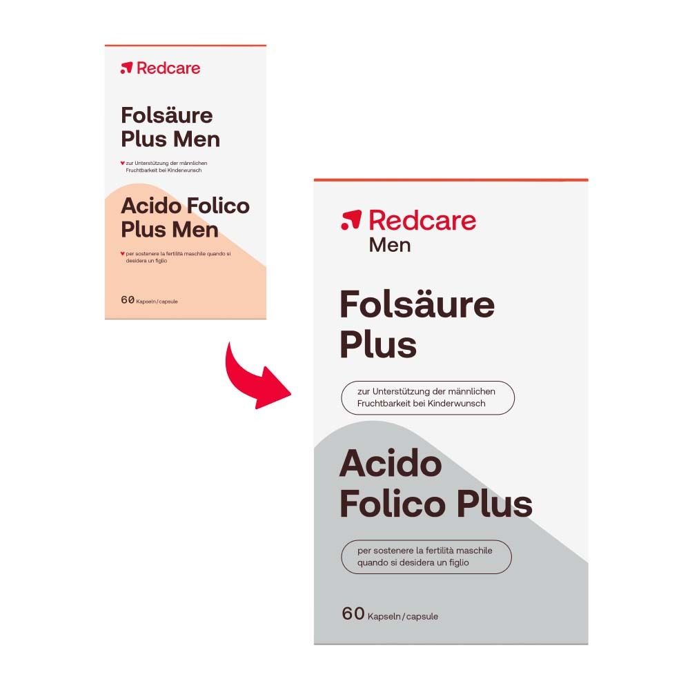 Eine Packung Redcare Folsäure Plus Men wird neben einer kleineren Packung gezeigt, mit Pfeil auf die größere Packung.