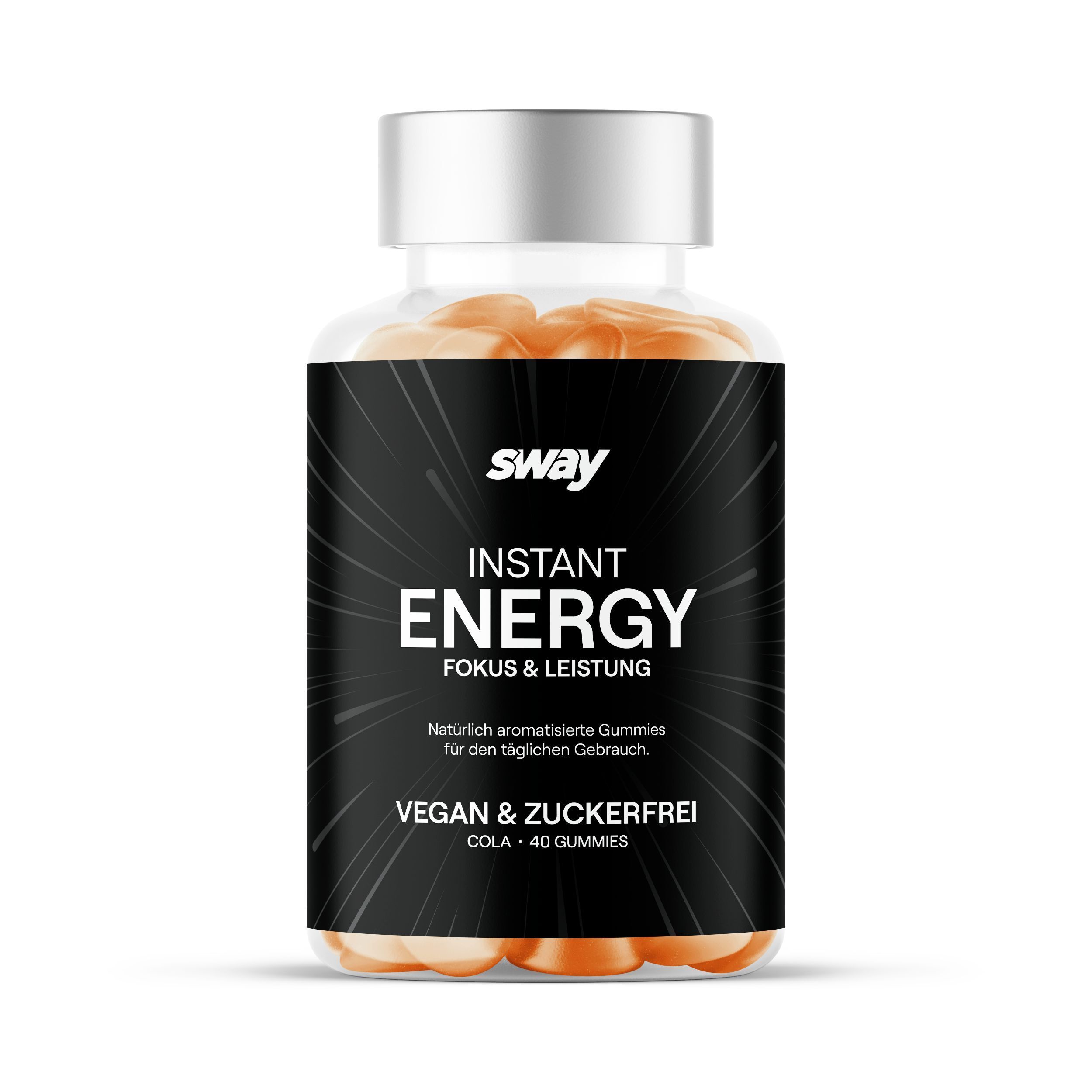 Klare Flasche mit braunen Gummibärchen. Schwarzes Etikett mit "sway Instant Energy" und "Vegan & Zuckerfrei".