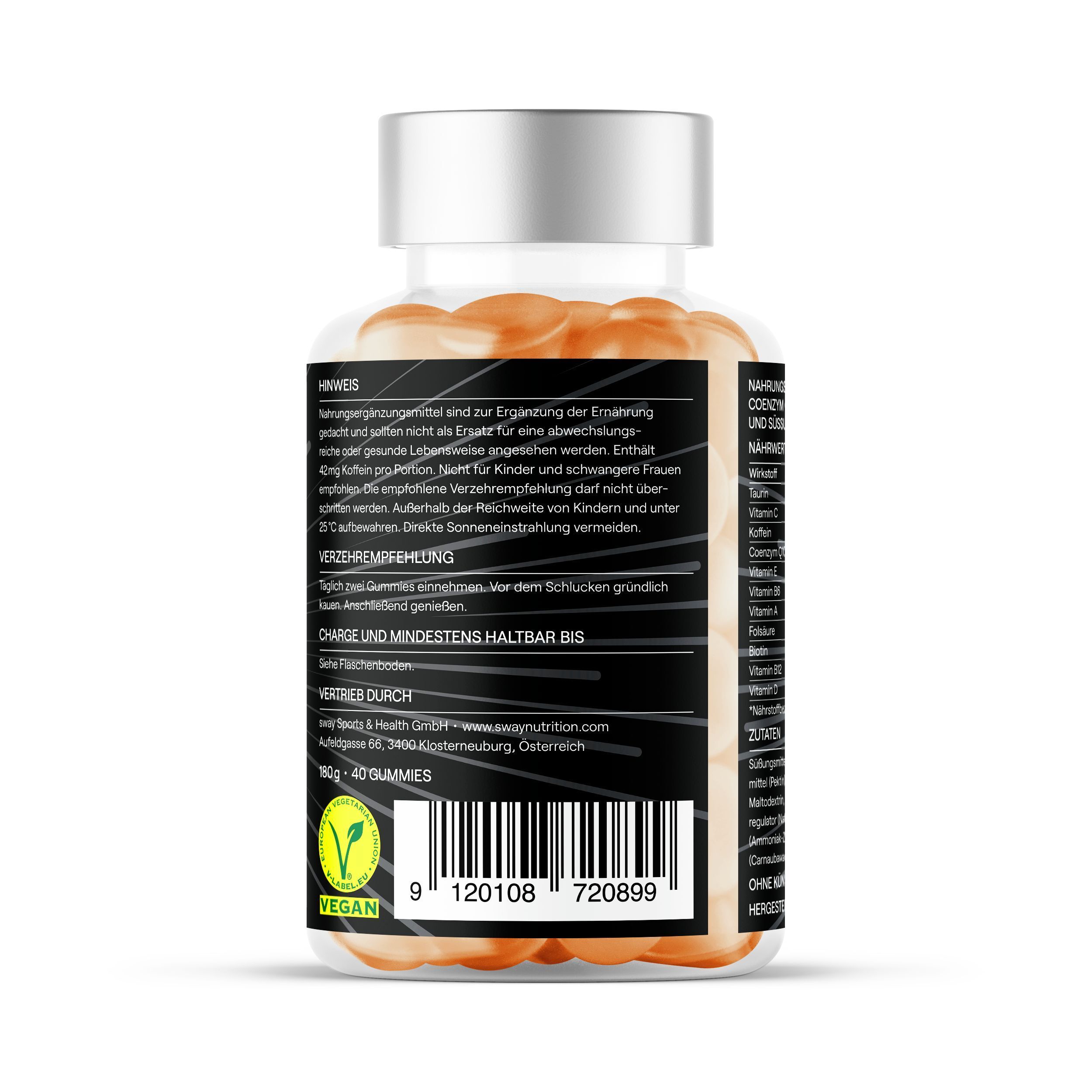 Rückseite der Flasche mit Text. Enthält Informationen zu Inhaltsstoffen, Verzehrempfehlung und Mindesthaltbarkeit.