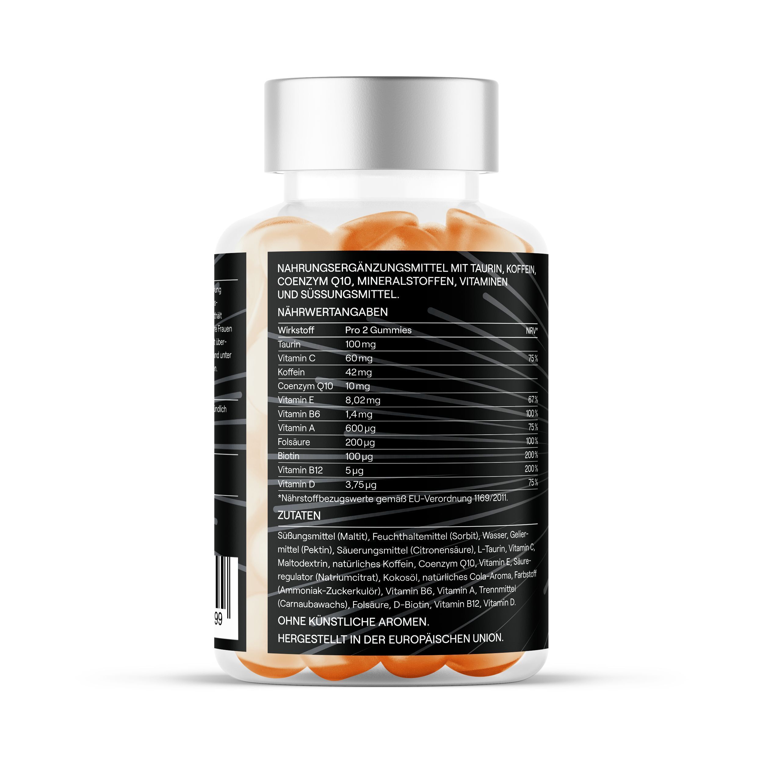 Rückseite der Flasche mit Nährwertangaben. Auflistung von Vitaminen, Mineralstoffen und Zutaten.