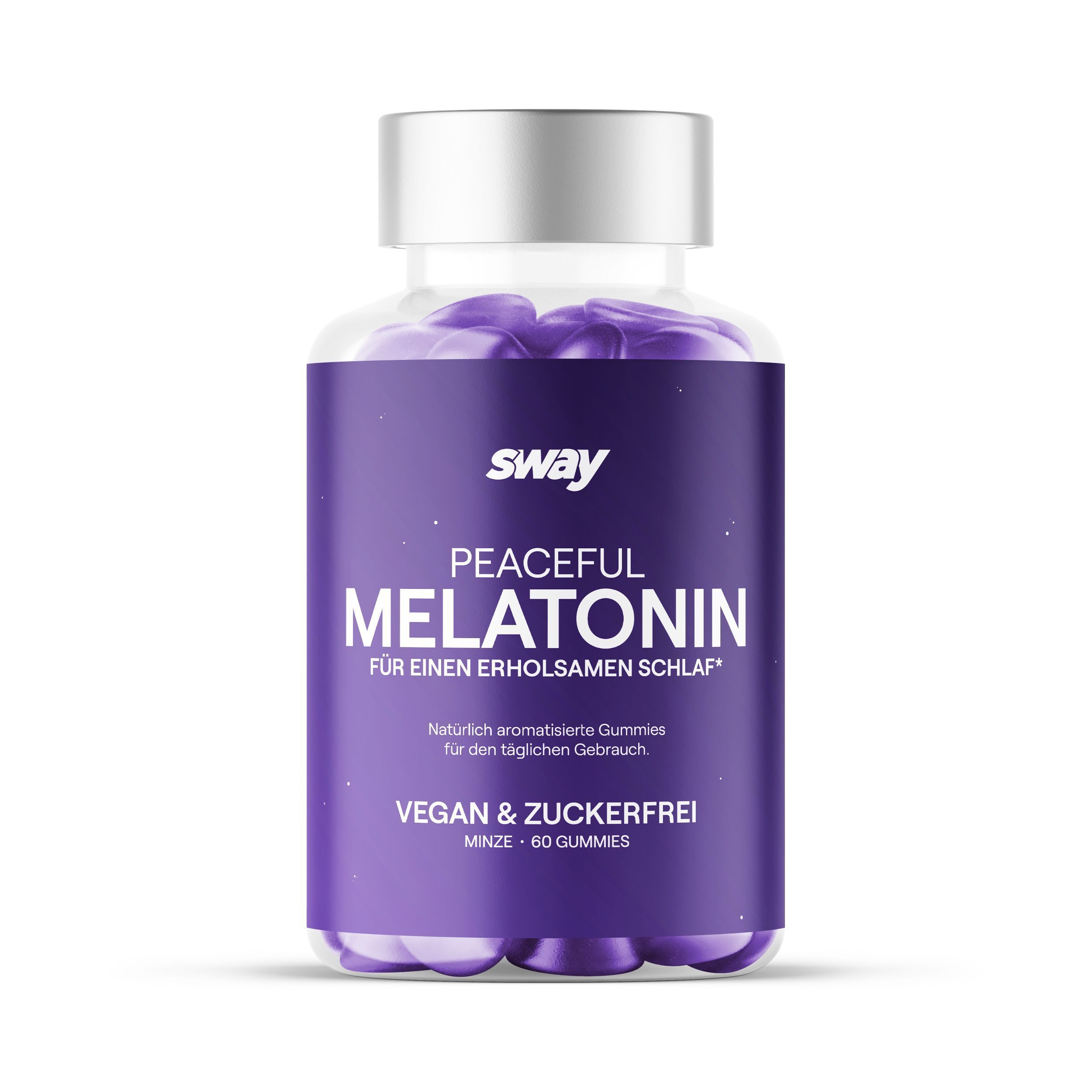 Flasche mit lila Etikett. Aufschrift: sway Peaceful Melatonin. Vegan & zuckerfrei. 60 Gummies.