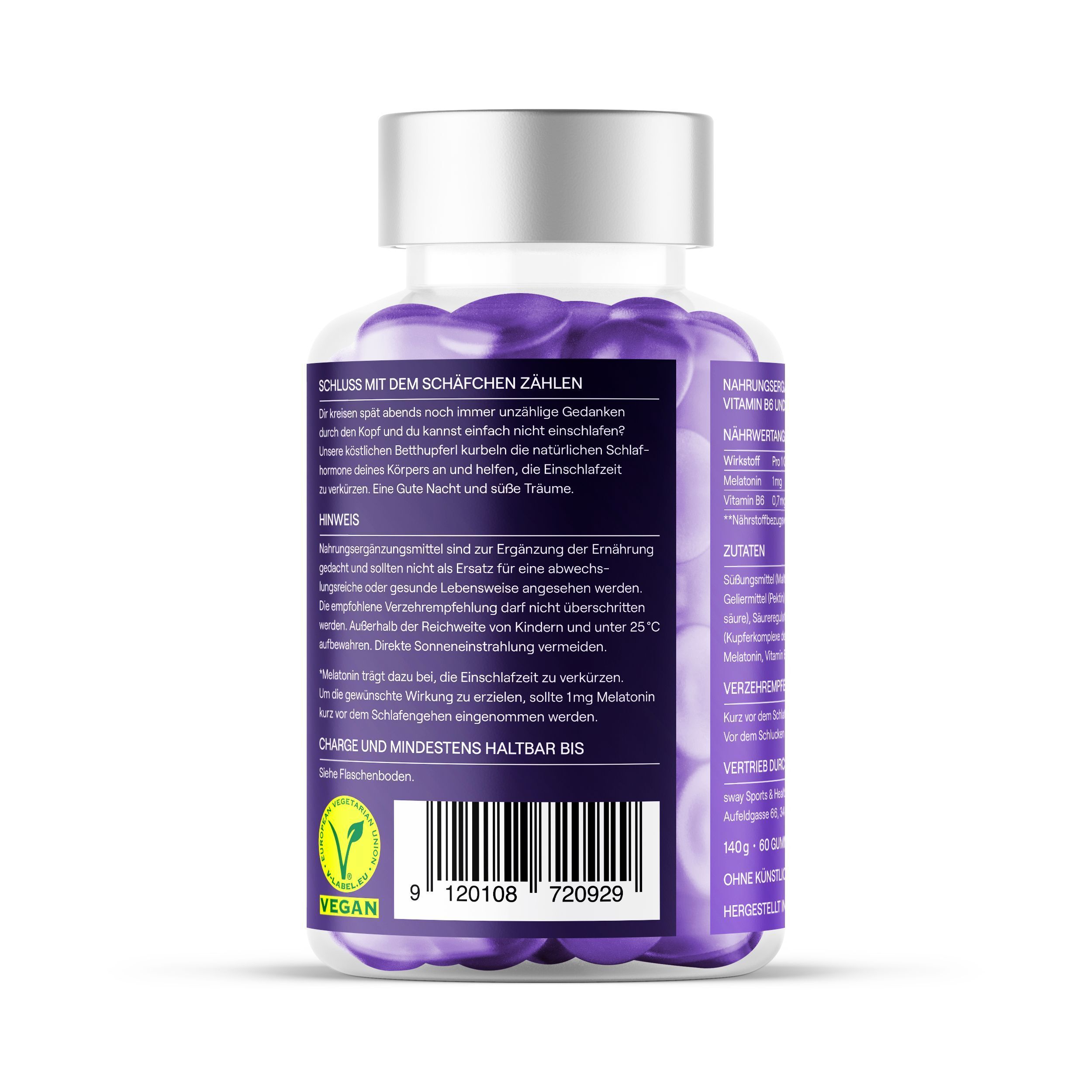 Rückseite der Flasche. Text: Schluss mit dem Schäfchen zählen. Vegan-Siegel. Barcode.