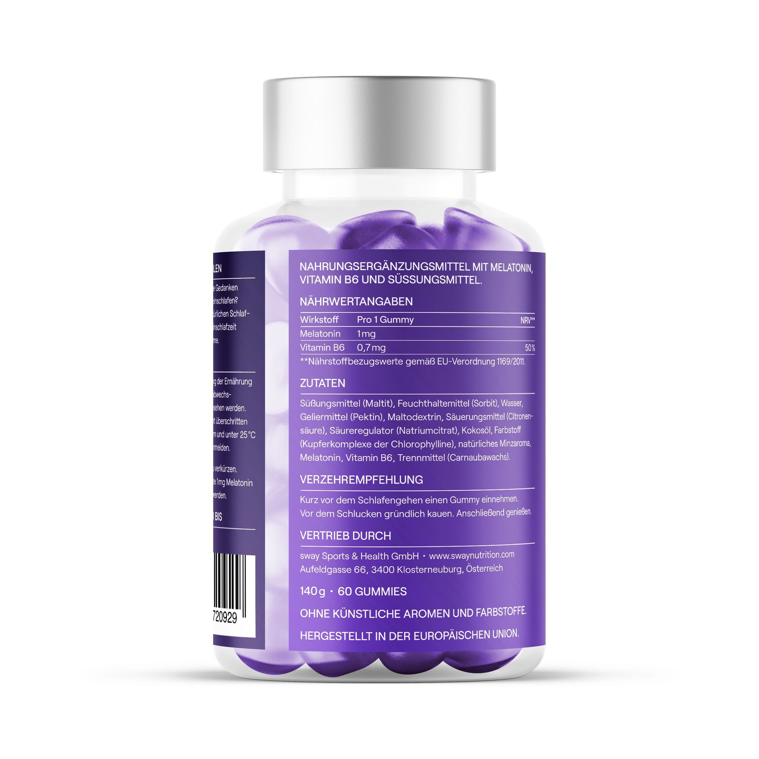Rückseite der Flasche. Text: Nahrungsergänzungsmittel mit Melatonin, Vitamin B6 und Süßungsmittel. Zutatenliste.
