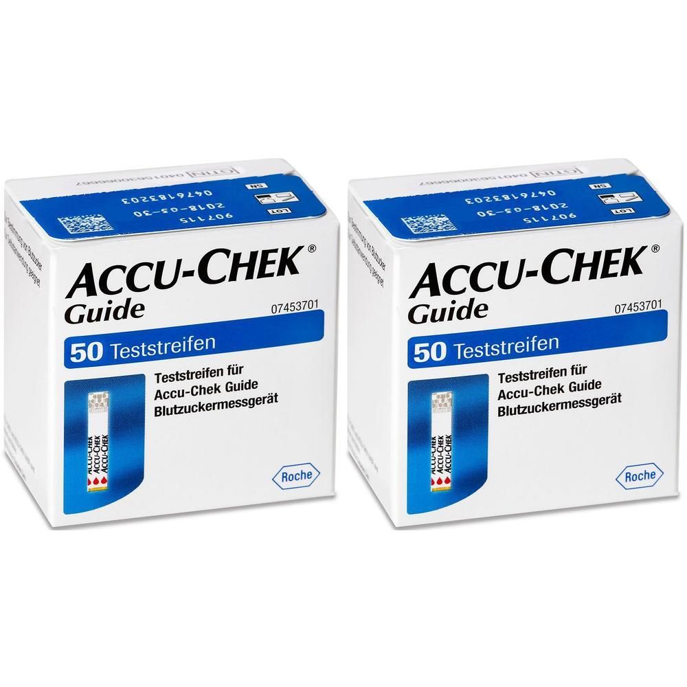 Zwei Packungen ACCU-CHEK Guide Teststreifen. Jede Packung enthält 50 Teststreifen. Aufdrucke: ACCU-CHEK, Guide, Teststreifen.