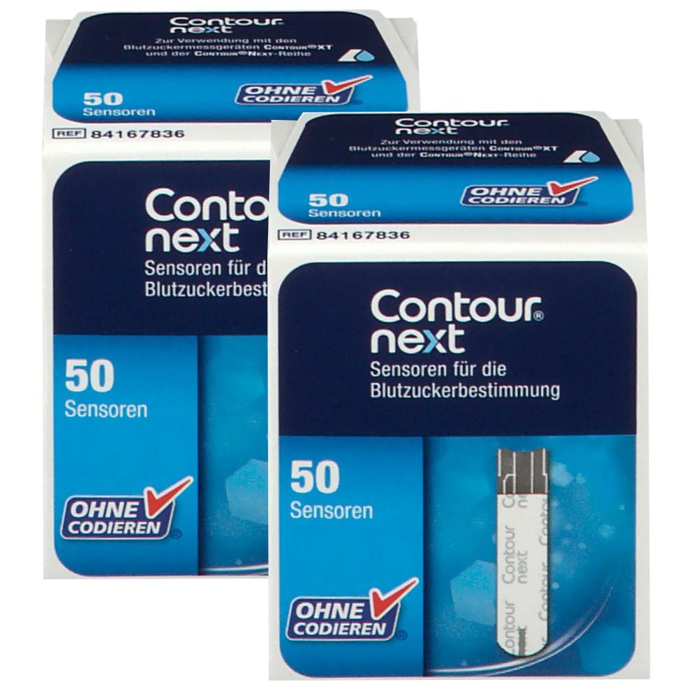 Drei Packungen Contour Next Sensoren. Jede Packung enthält 50 Sensoren. Aufdruck: Ohne Codieren.
