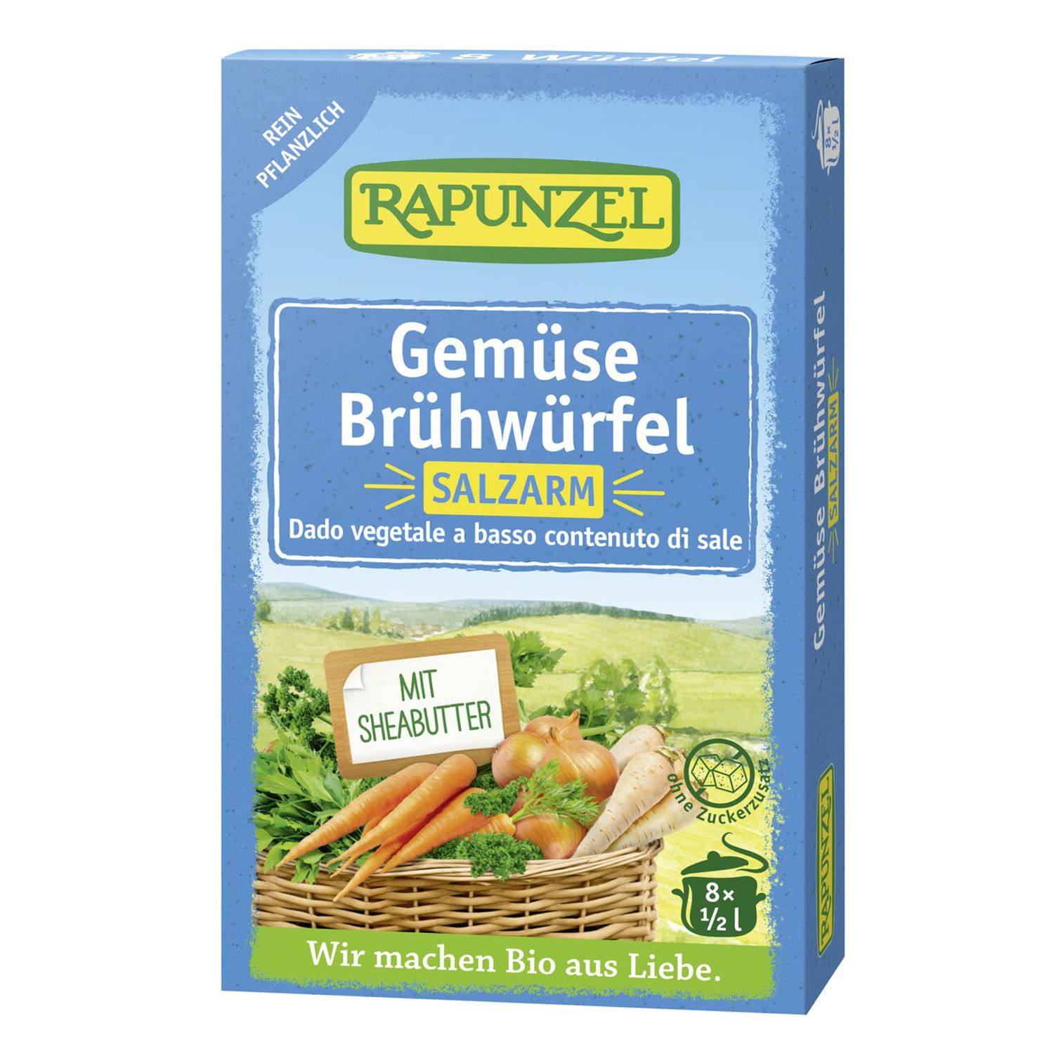 Blau-gelbe Schachtel mit Gemüse-Brühwürfeln. Text: SALZARM, Dado vegetale a basso contenuto di sale. Abbildung von Gemüse.