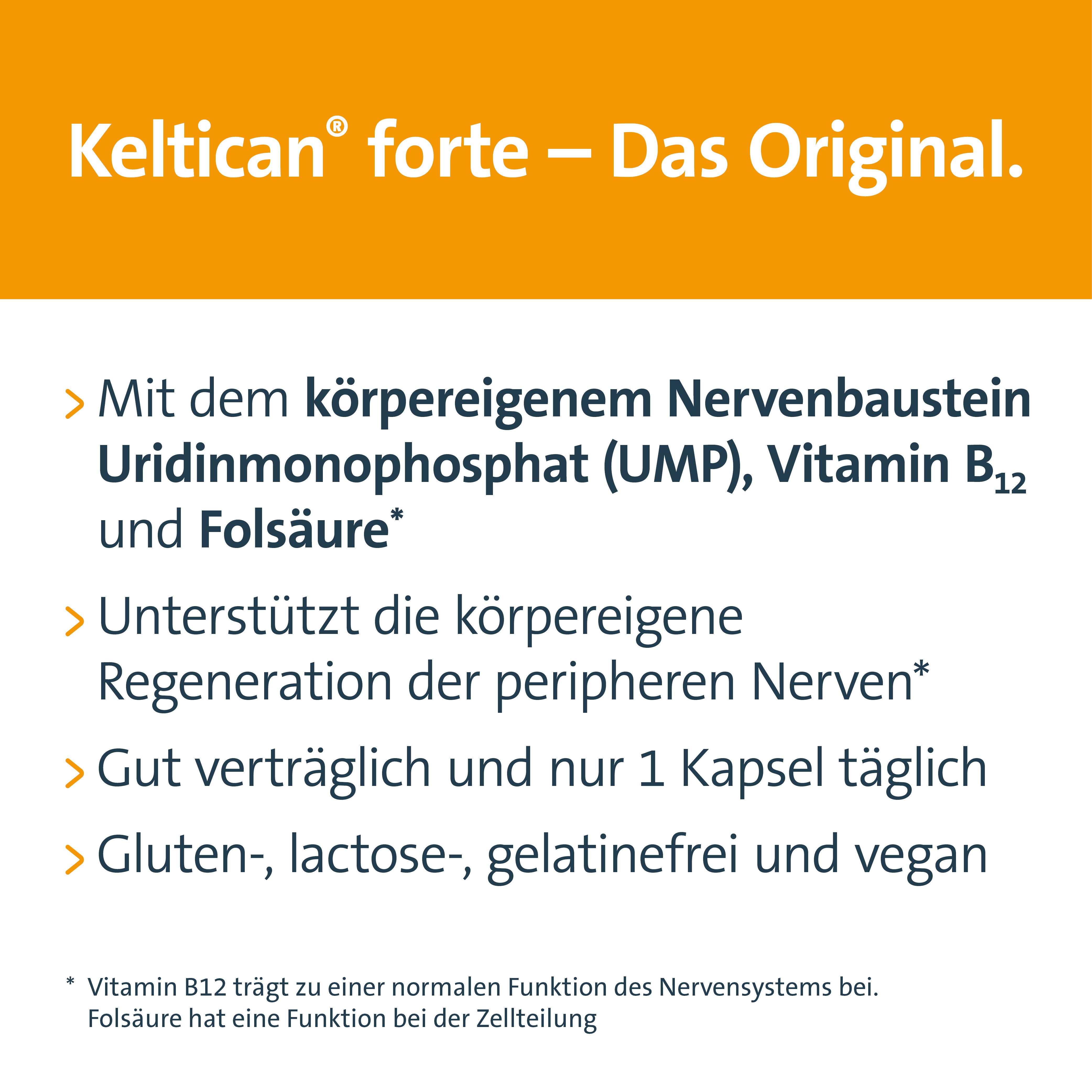 Keltican® forte Kapseln mit Uridinmonophosphat (UMP), Vitamin B12 und Folsäure zur Unterstützung der Nervenregeneration