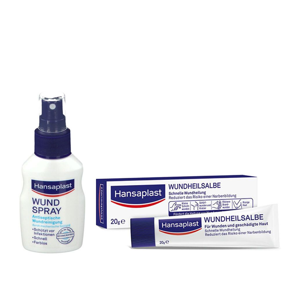 Drei Hansaplast-Produkte: Wundspray und Wundheilsalbe in Tube und Schachtel. Sprayflasche mit blauem Deckel. Salbenverpackungen mit weißer Schrift.