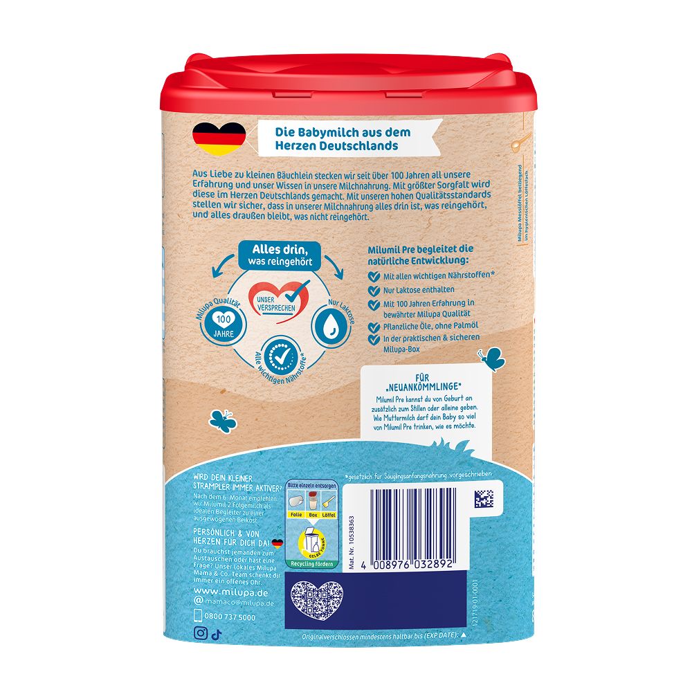 Rückseite der Milupa Milumil Pre Anfangsmilch Dose. Zeigt Informationen über Inhaltsstoffe, Herstellung und Qualitätssiegel.