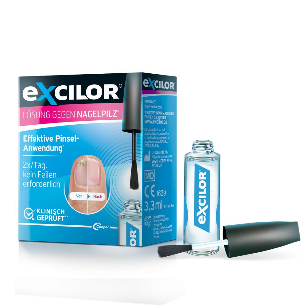 excilor® Lösung gegen Nagelpilz, mit Flasche und Applikator. Die Verpackung ist geöffnet. Aufschrift: excilor® Lösung gegen Nagelpilz.