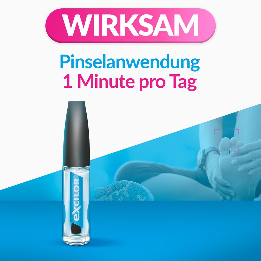 Excilor Nagellösung Fläschchen mit Pinselapplikator und Hinweis auf Pinselanwendung.