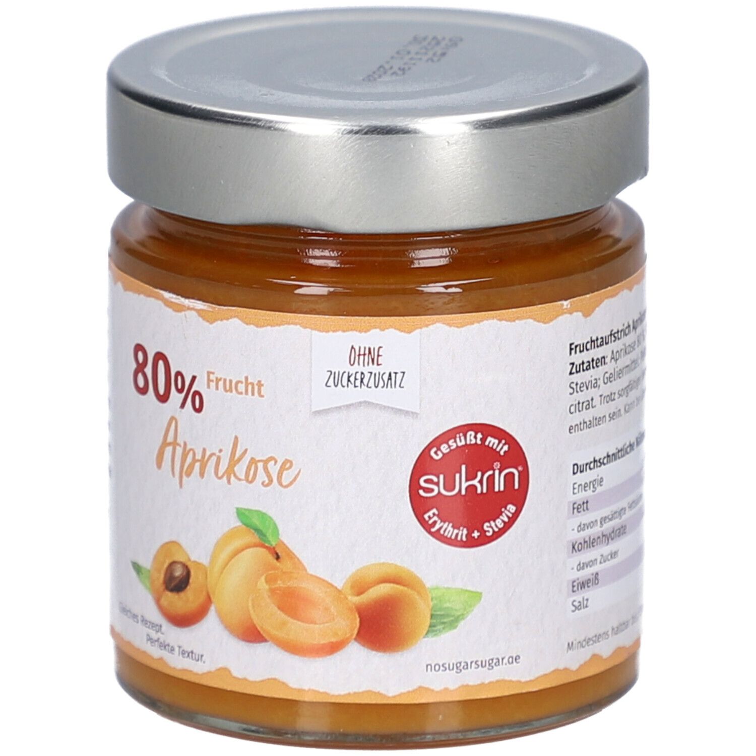 Glas mit Aprikosen-Fruchtaufstrich. Etikett mit Aufschrift '80% Frucht Aprikose' und 'Ohne Zuckerzusatz'.