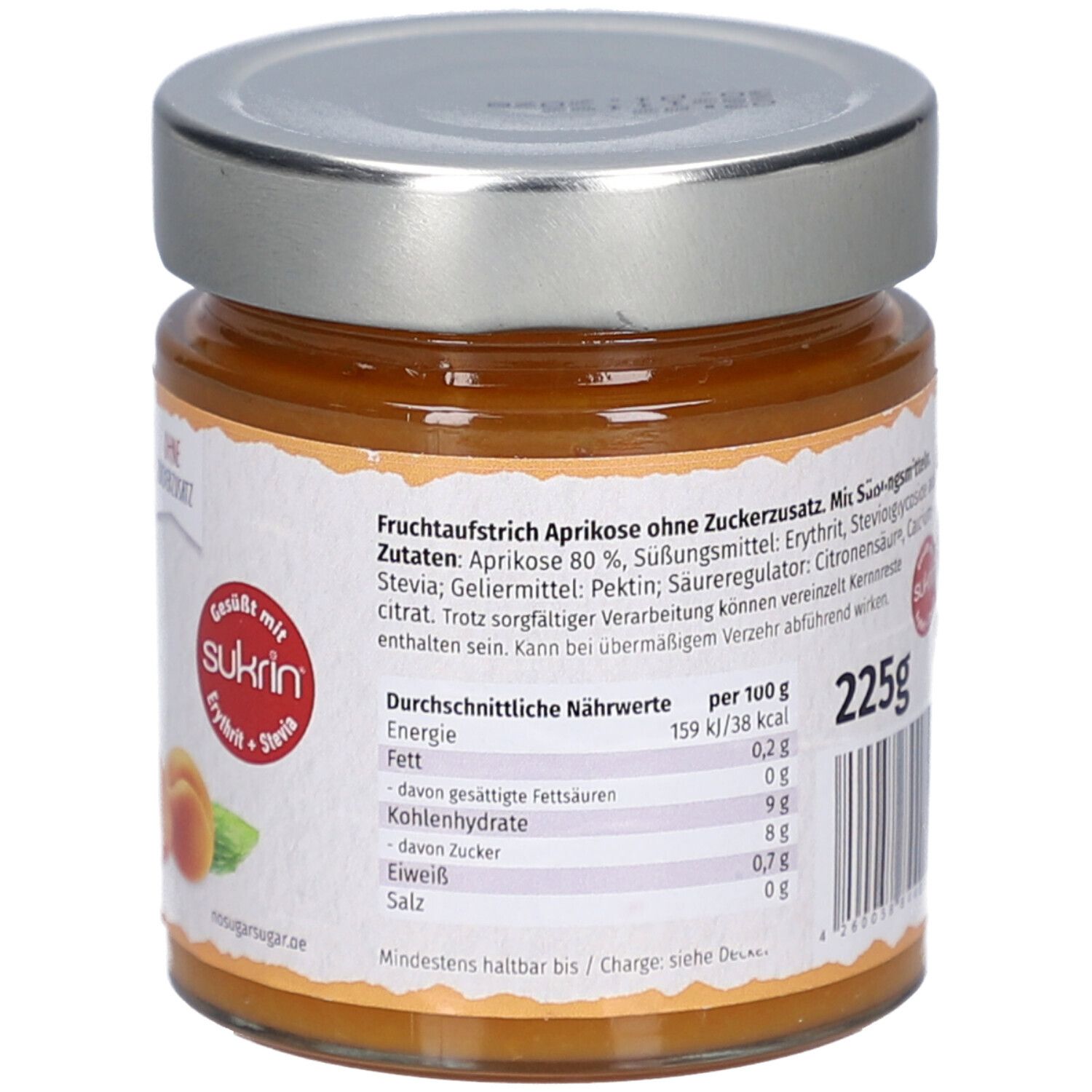 Glas mit Aprikosen-Fruchtaufstrich. Etikett mit Aufschrift '80% Frucht Aprikose' und 'Ohne Zuckerzusatz'.