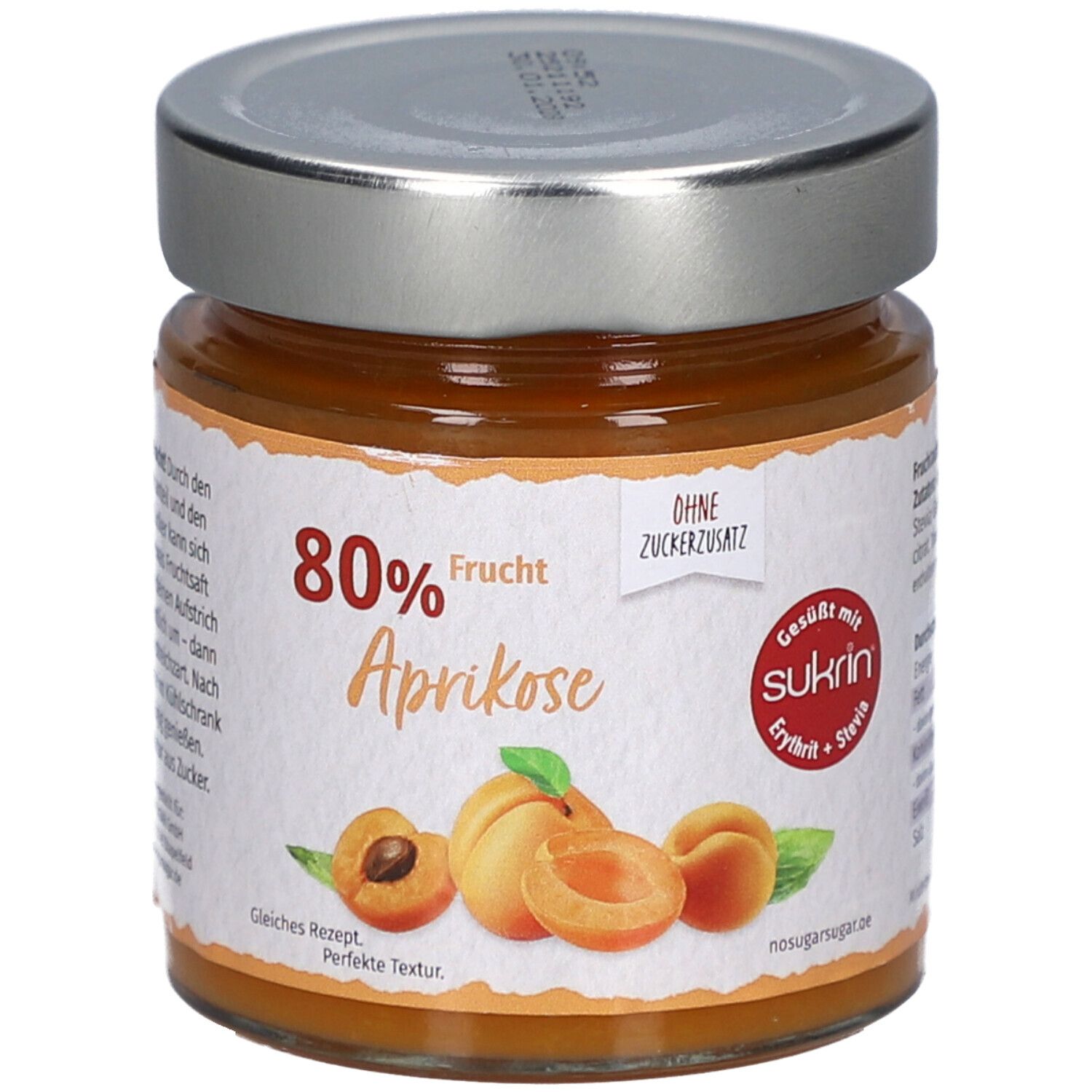 Rückseite eines Glases mit Aprikosen-Fruchtaufstrich. Angaben zu Inhaltsstoffen und Nährwerten. Gewicht: 225g.