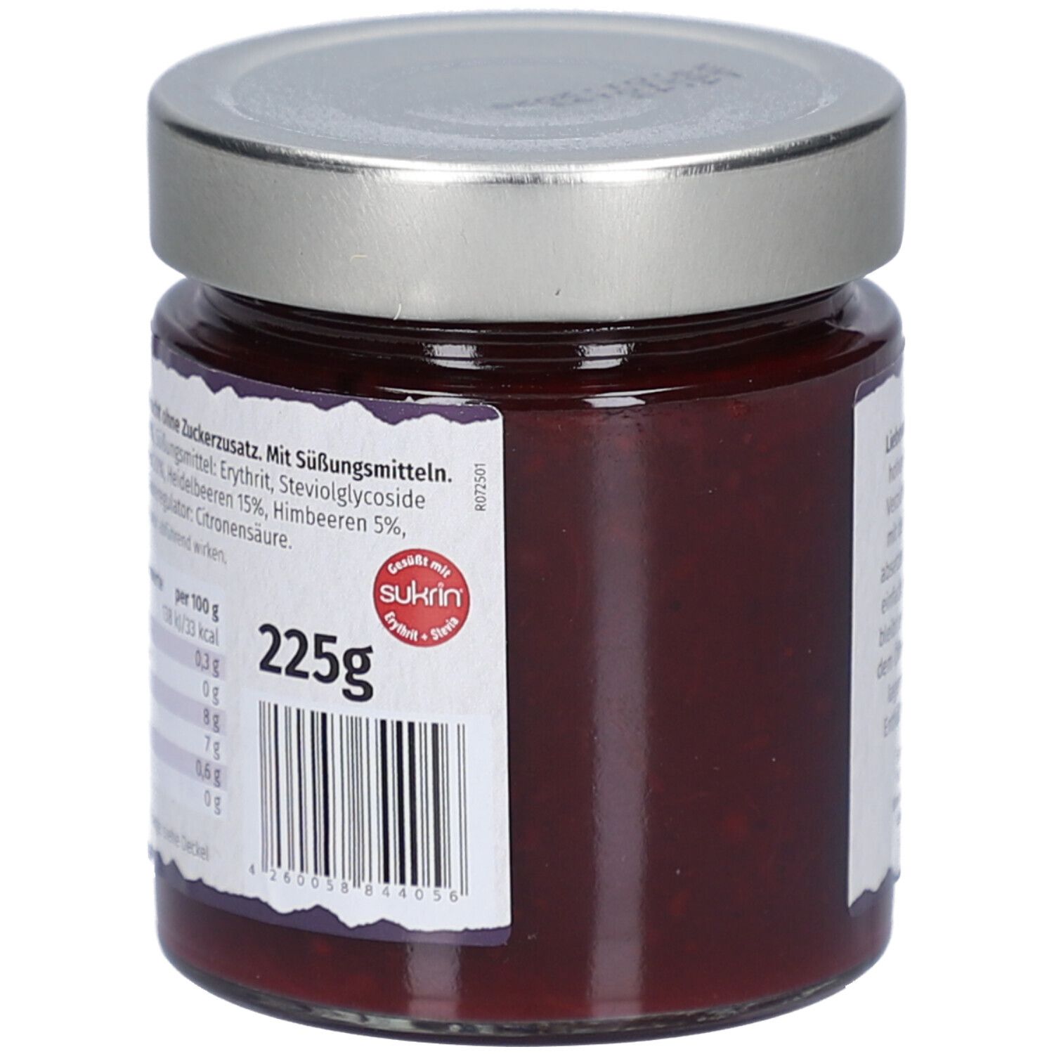 Rückseite eines Glases mit Waldfrüchte-Aufstrich. Etikett mit Nährwertangaben und 225g. Barcode.