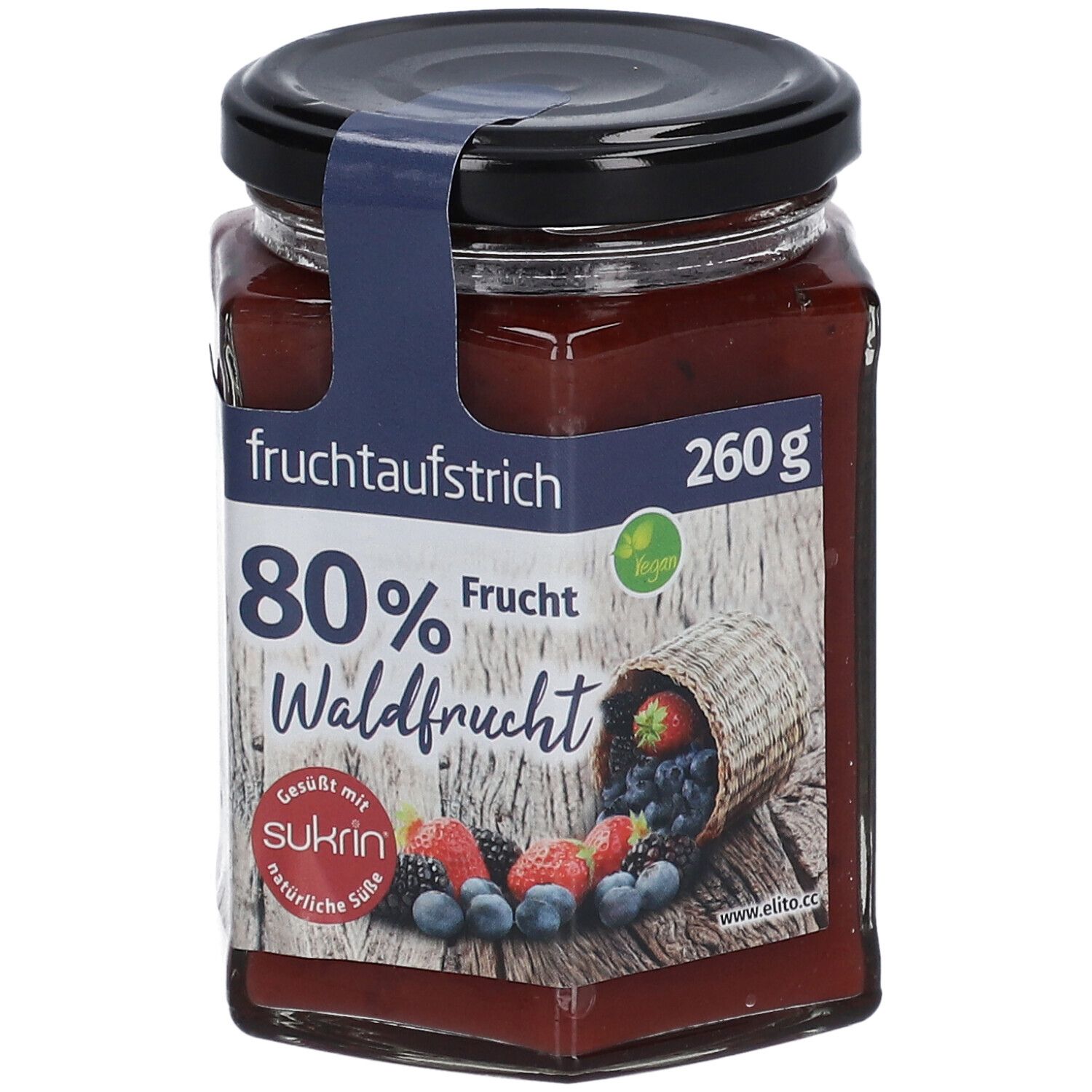 Glas mit Waldfrüchte-Aufstrich. Etikett mit 80% Frucht, ohne Zuckerzusatz, Sukrin-Logo und Früchte-Illustration.