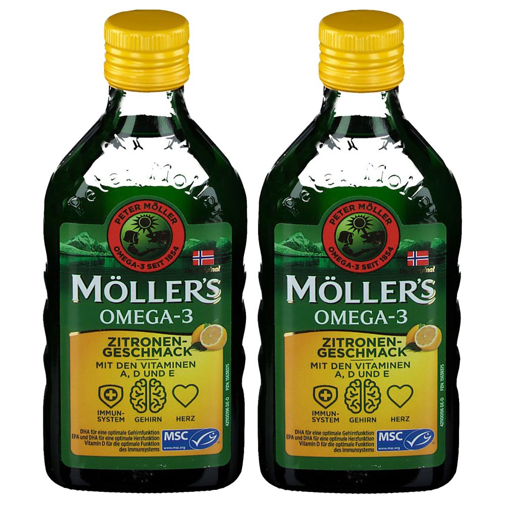 Zwei grüne Flaschen mit gelben Verschlüssen. Auf den Etiketten steht "Möller's Omega-3 Zitrone".