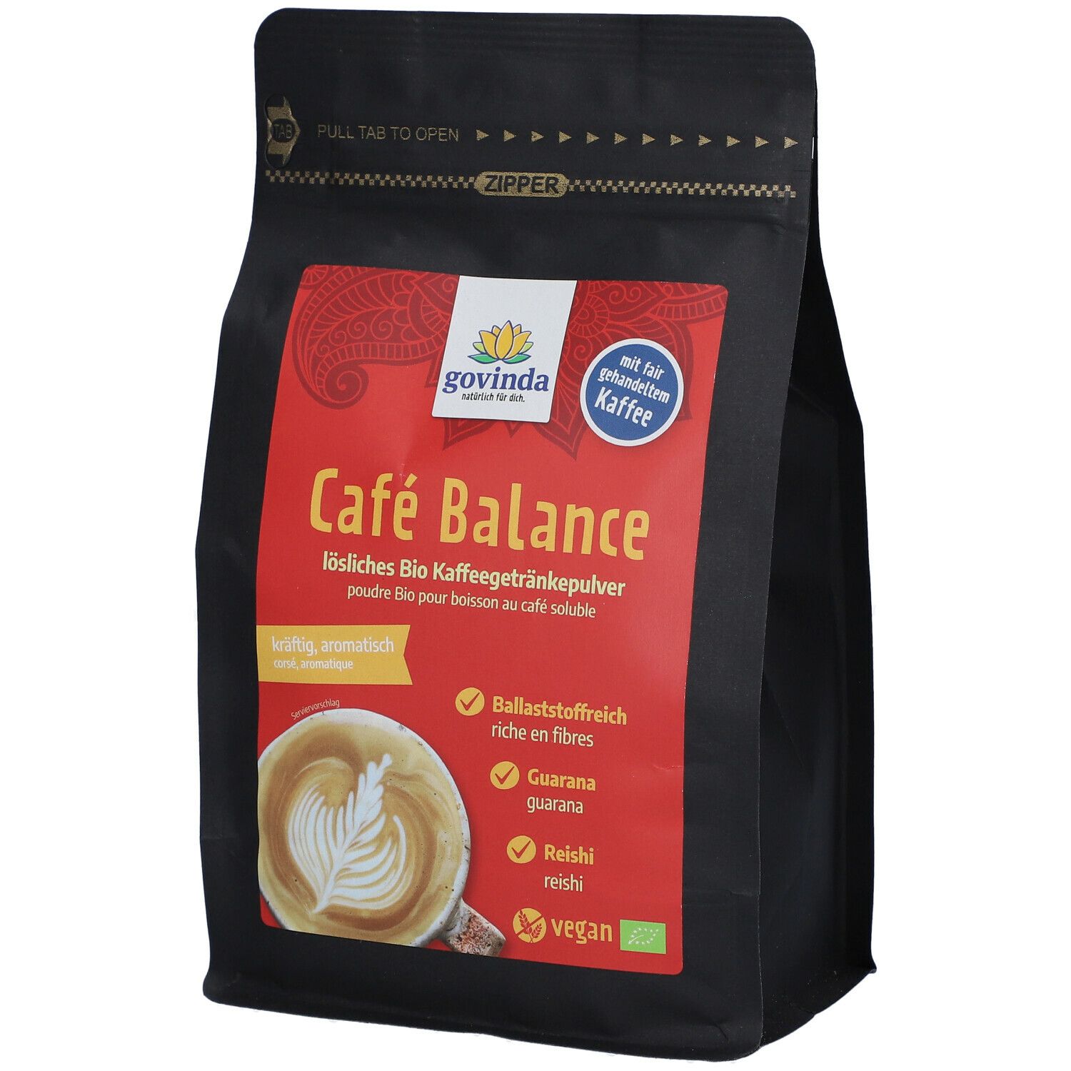 Schwarze Verpackung mit "Café Balance"-Logo. Roter Aufkleber mit Produktinformationen und Illustration eines Kaffees.