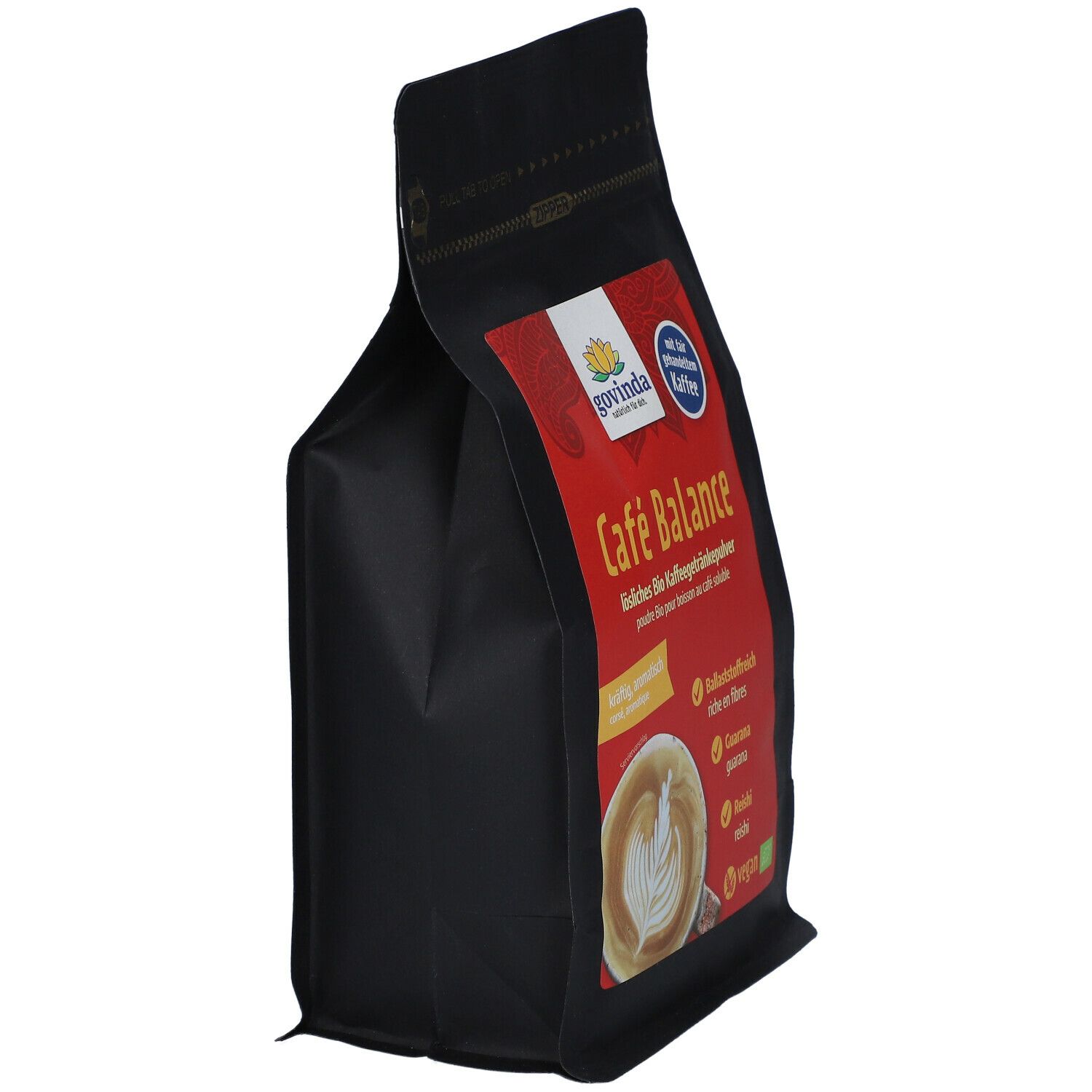 Schwarze Verpackung von "Café Balance". Roter Aufkleber mit Produktinformationen. Seitenansicht.