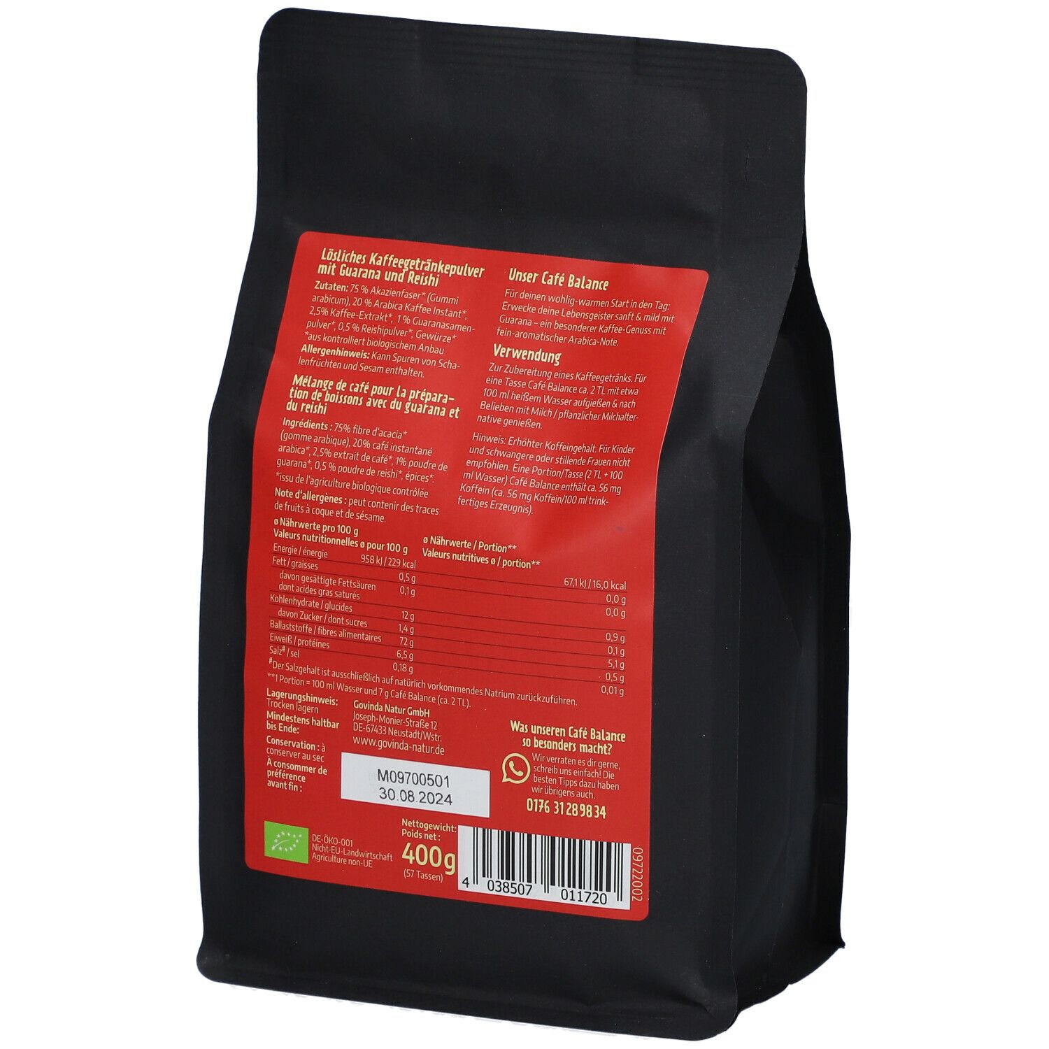 Rückseite der schwarzen "Café Balance"-Verpackung. Roter Aufkleber mit Produktinformationen, Inhaltsstoffen und Nährwertangaben.