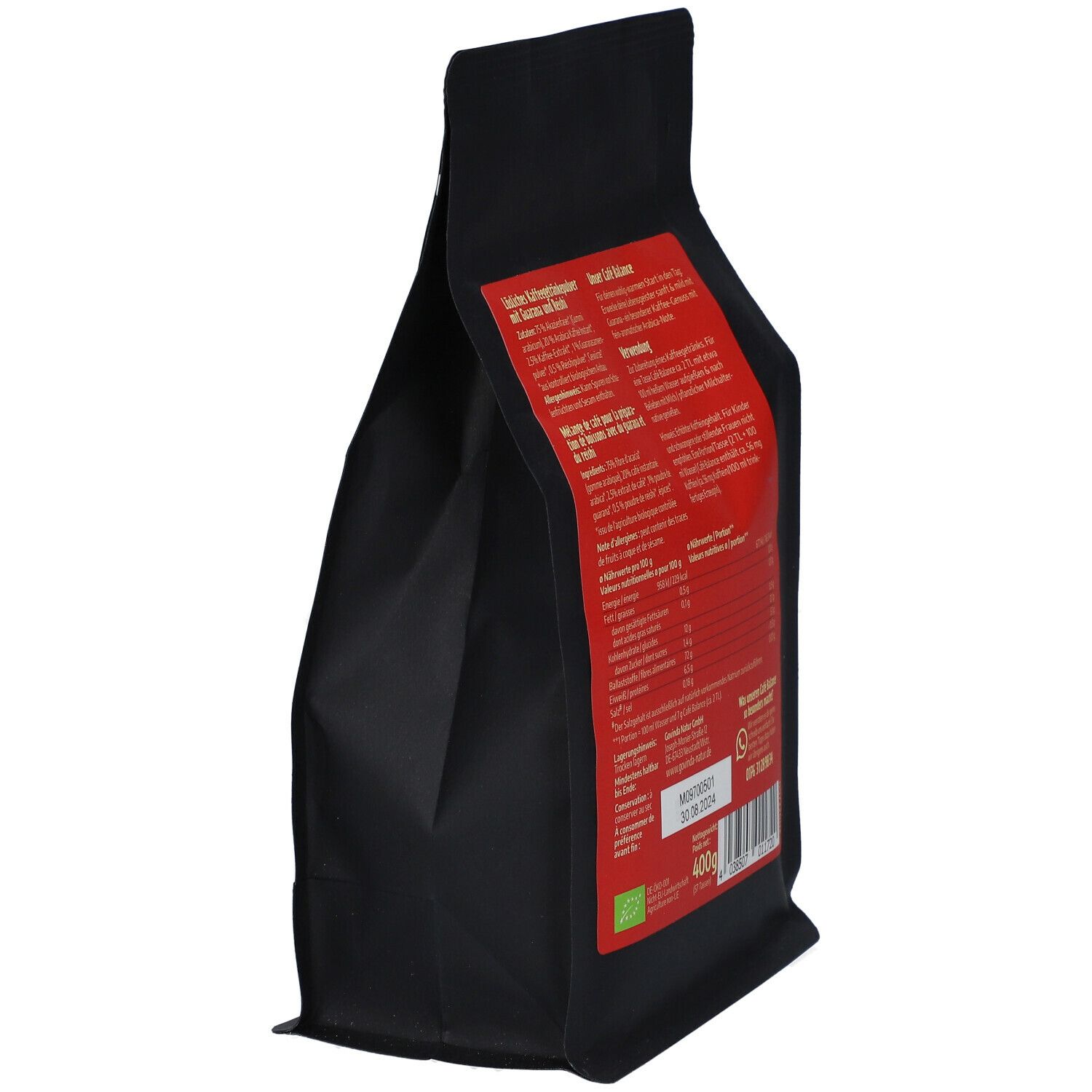Seitenansicht der schwarzen "Café Balance"-Verpackung. Roter Aufkleber mit Produktinformationen und Nährwertangaben.