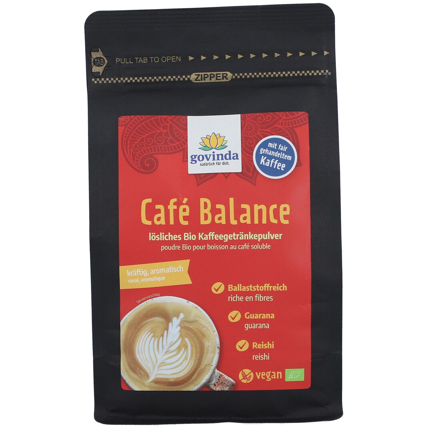 Schwarze Verpackung mit "Café Balance"-Logo. Roter Aufkleber mit Produktinformationen und Kaffee-Illustration.