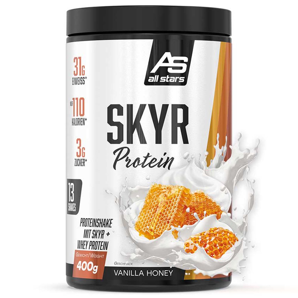 Behälter mit All Stars Skyr Protein. Honig-Vanille-Geschmack. Enthält 31g Eiweiß, 110 Kalorien und 3g Zucker. 400g.
