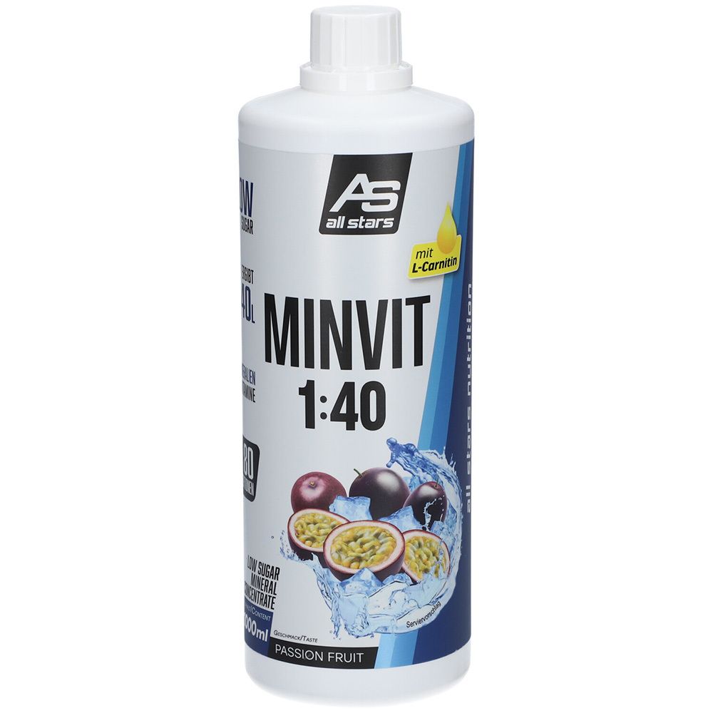 Flasche All Stars MINVIT 1:40 Passionsfrucht-Konzentrat mit L-Carnitin und Früchten.