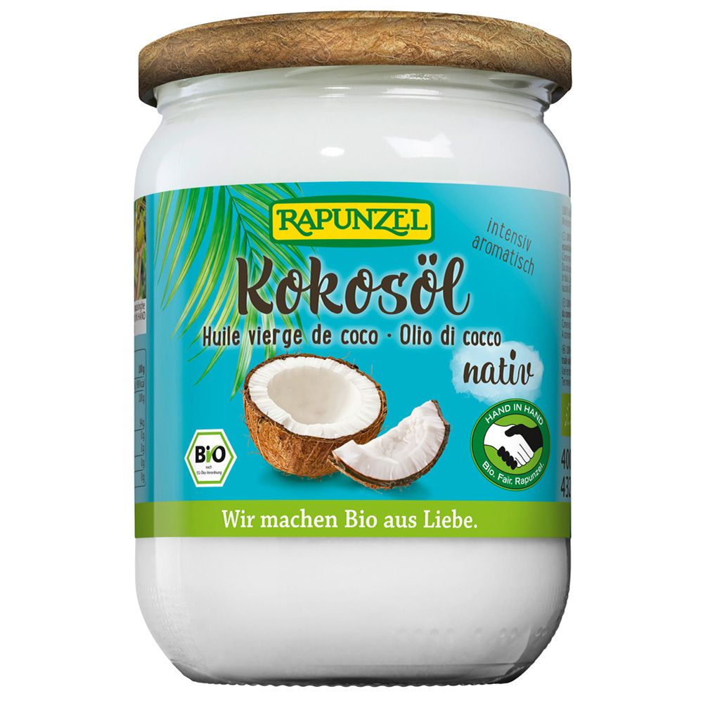 Glas mit Kokosöl. Aufschrift: RAPUNZEL Kokosöl nativ. Abbildung einer Kokosnuss. Bio-Siegel. Hand in Hand-Siegel.
