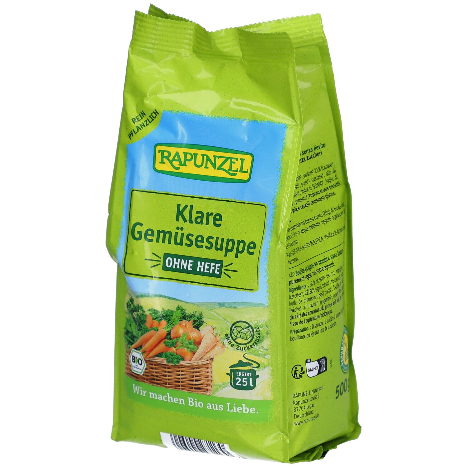Grüne Verpackung mit RAPUNZEL Klare Gemüsesuppe ohne Hefe. Bio-Siegel, Gemüsekorb-Illustration. Text: Wir machen Bio aus Liebe.