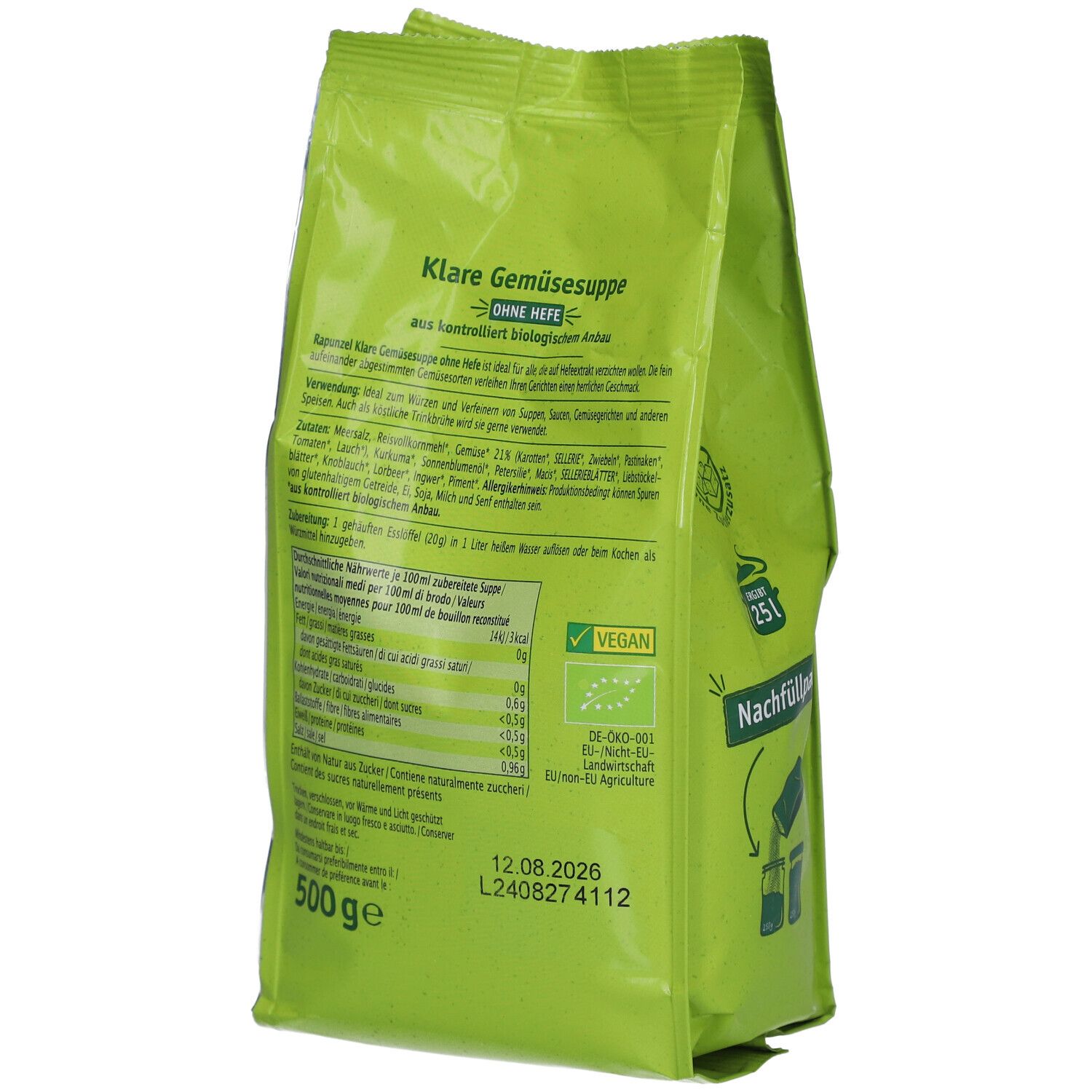 Rückseite der grünen Verpackung RAPUNZEL Klare Gemüsesuppe ohne Hefe. Textinformationen, Nährwerttabelle, Vegan-Siegel, Mindesthaltbarkeitsdatum.