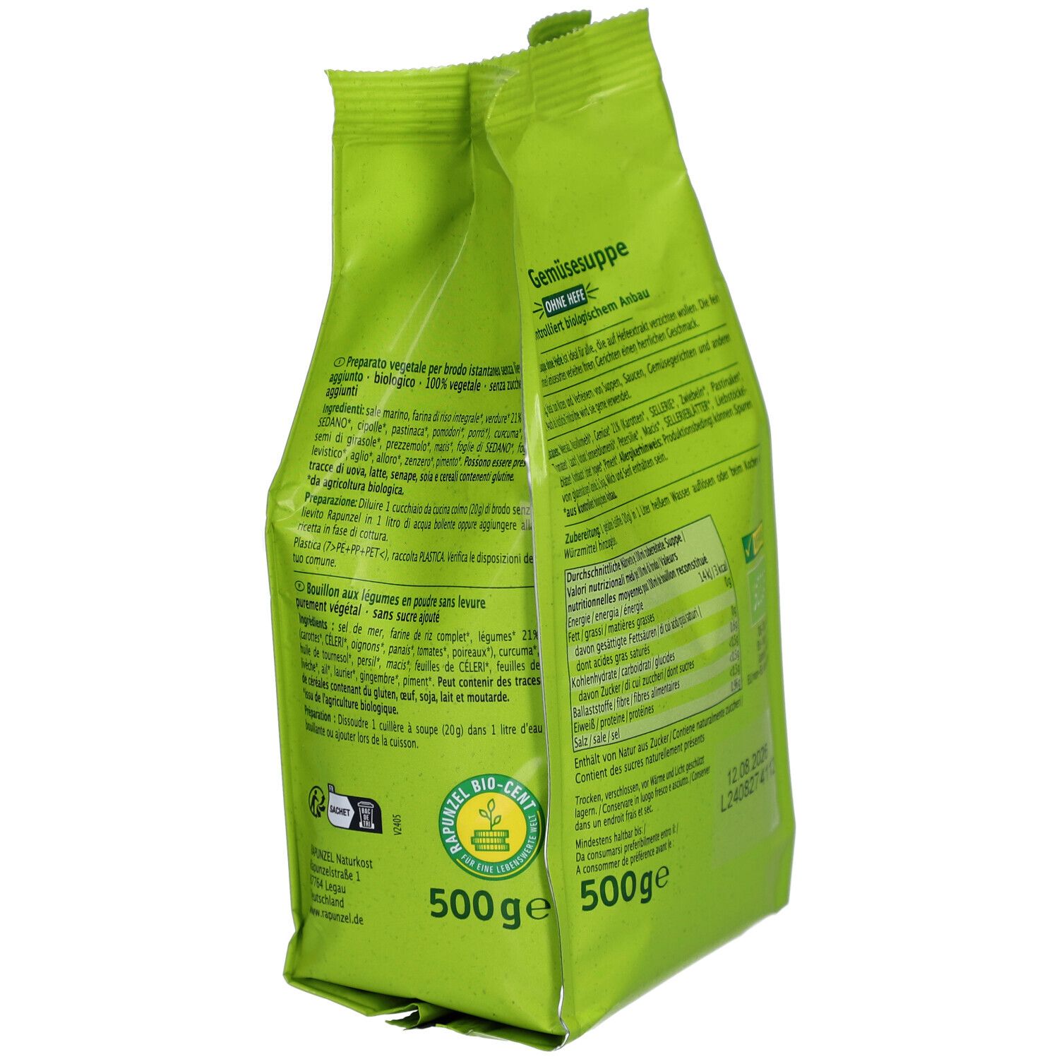 Rückseite der grünen Verpackung RAPUNZEL Klare Gemüsesuppe ohne Hefe. Textinformationen, Nährwerttabelle, Vegan-Siegel, Mindesthaltbarkeitsdatum.
