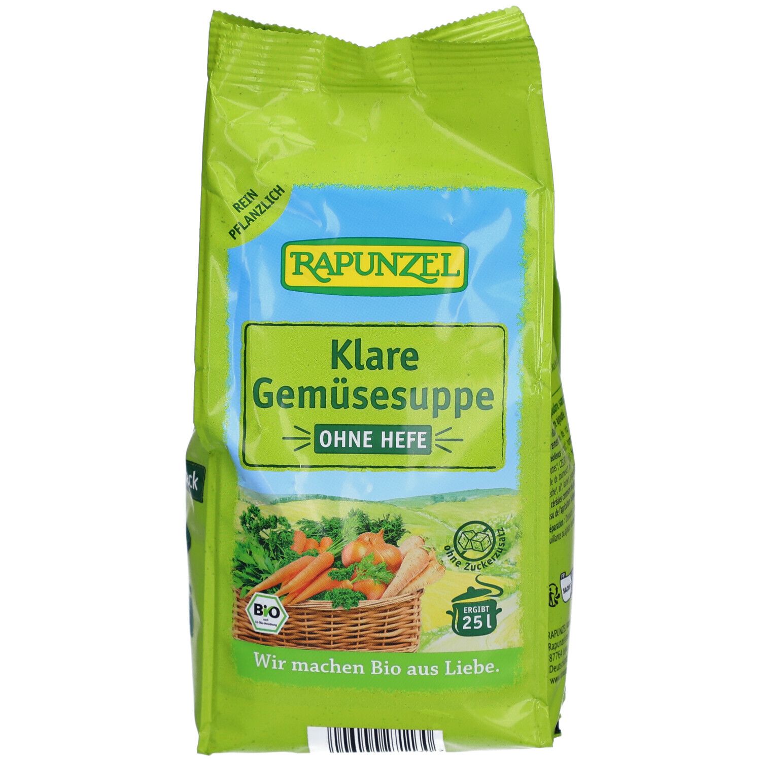 Grüne Verpackung RAPUNZEL Klare Gemüsesuppe ohne Hefe. Bio-Siegel, Gemüsekorb-Illustration. Text: Wir machen Bio aus Liebe.