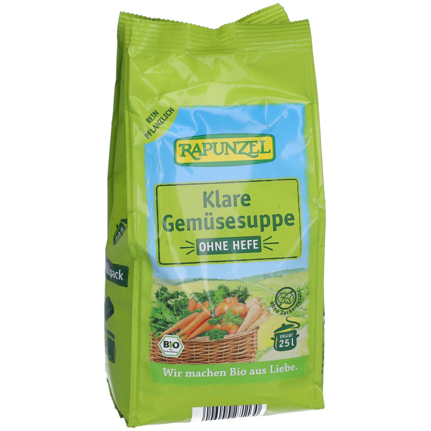 Grüne Verpackung RAPUNZEL Klare Gemüsesuppe ohne Hefe. Bio-Siegel, Gemüsekorb-Illustration. Text: Wir machen Bio aus Liebe.