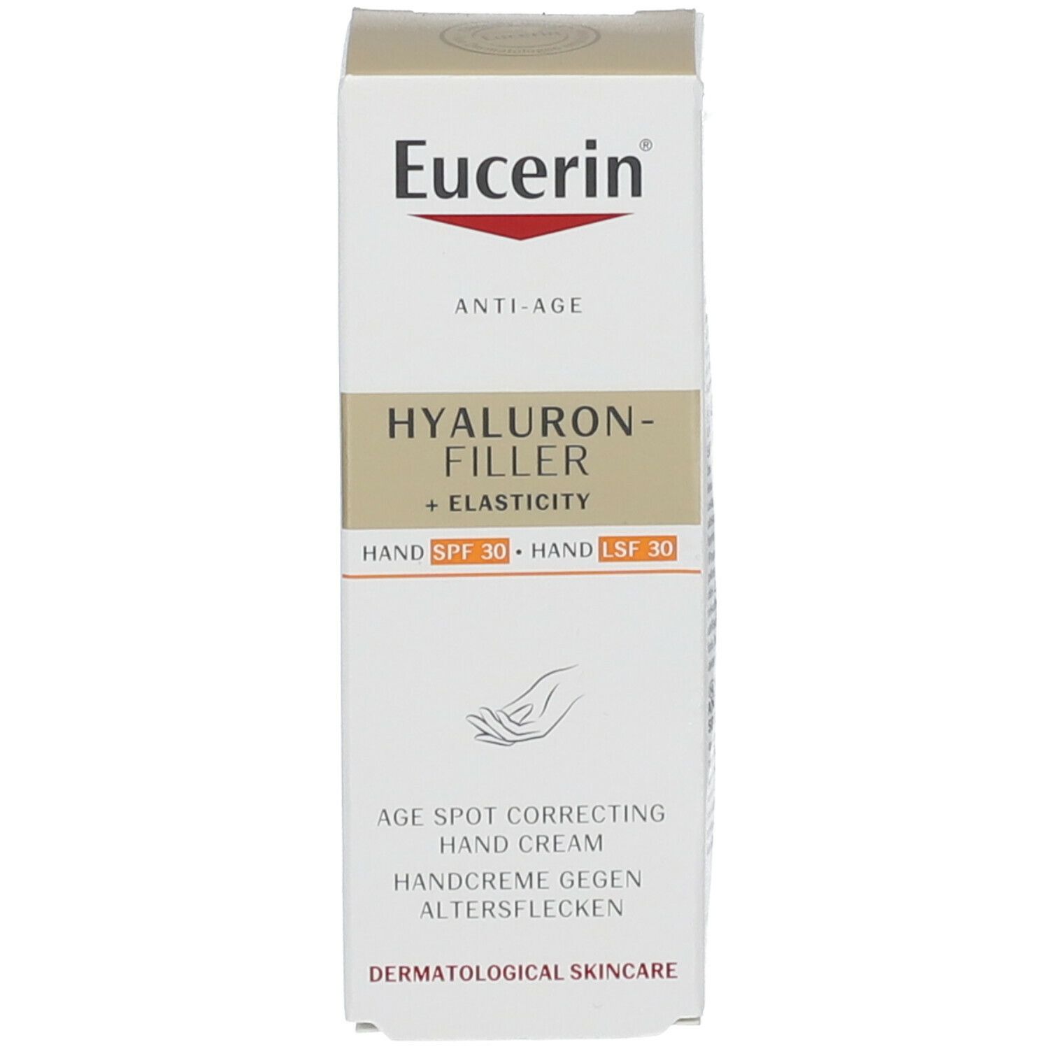 Verpackung der Handcreme. Aufschrift: Eucerin, Anti-Age, Hyaluron-Filler + Elasticity, Hand SPF 30. Handcreme gegen Altersflecken.