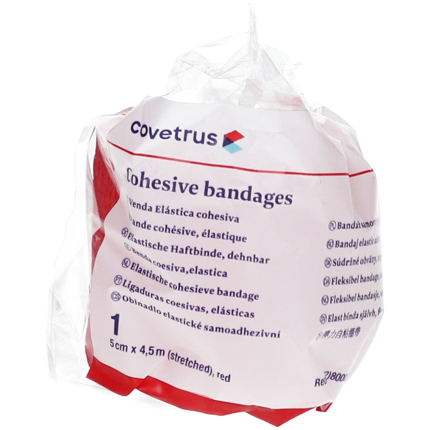 Rote, elastische Kohäsivbinde in Folienverpackung. Aufdruck: Covetrus, Cohesive bandages, 5cm x 4,5m (stretched), rot.