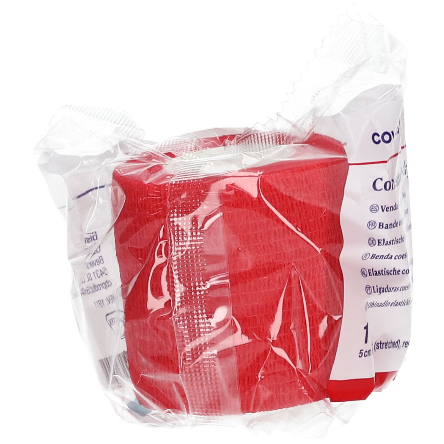 Rolle rote, elastische Kohäsivbinde in Folienverpackung. Sichtbar: Covetrus, Cohesive bandages, 5cm x 4,5m (stretched), rot.
