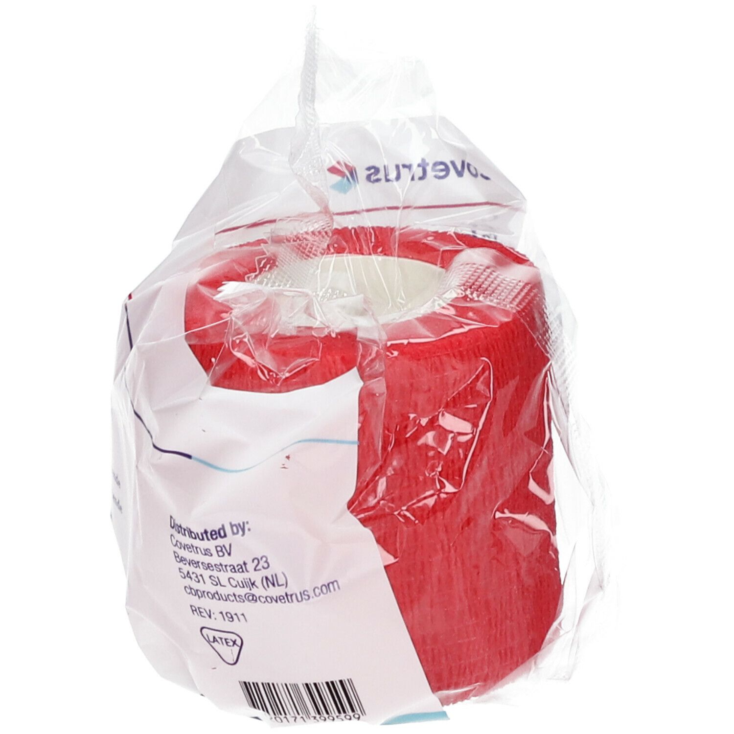 Rolle rote, elastische Kohäsivbinde in Folienverpackung. Aufdruck: Covetrus, Adresse, Latex.