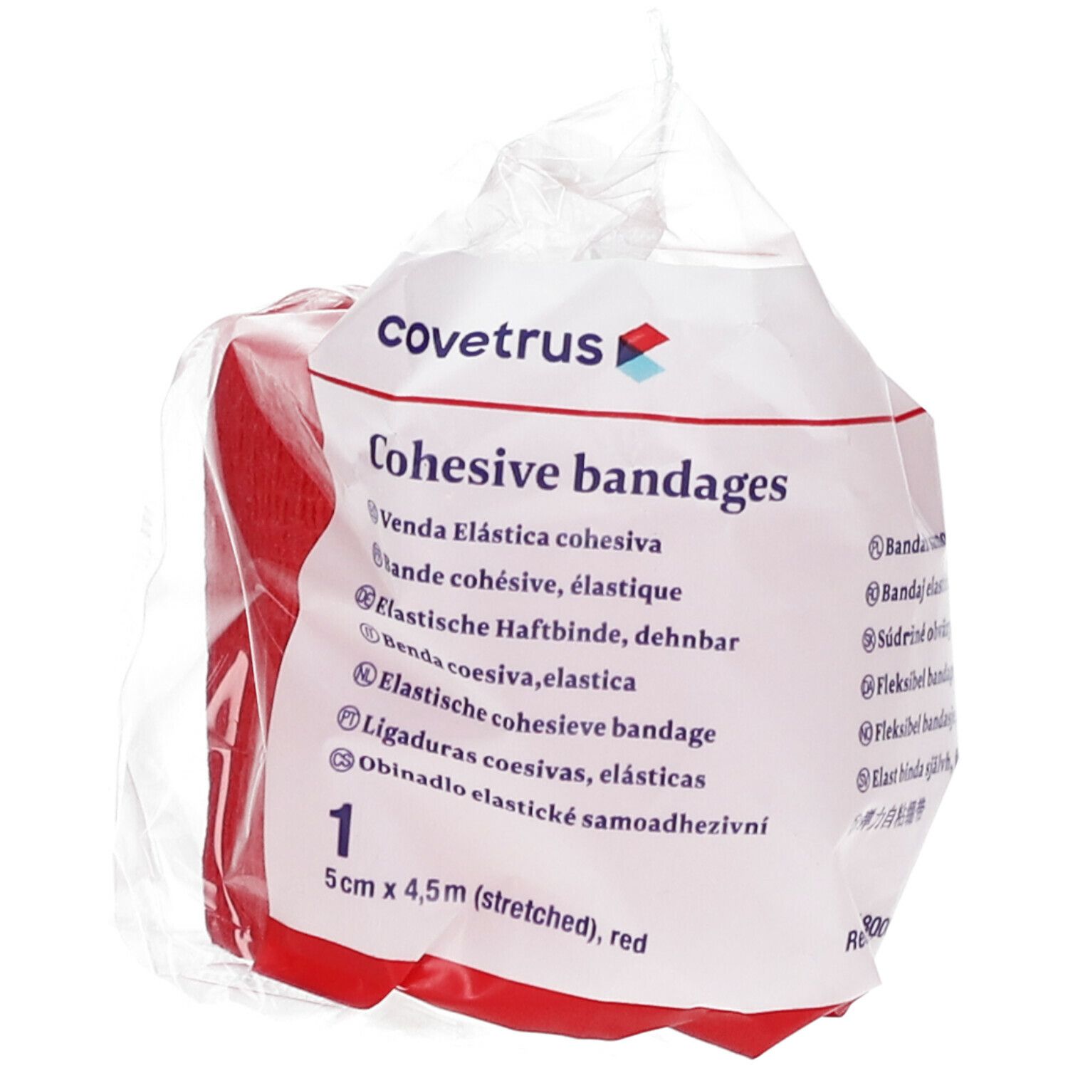 Rote, elastische Kohäsivbinde in Folienverpackung. Aufdruck: Covetrus, Cohesive bandages, 5cm x 4,5m (stretched), rot.