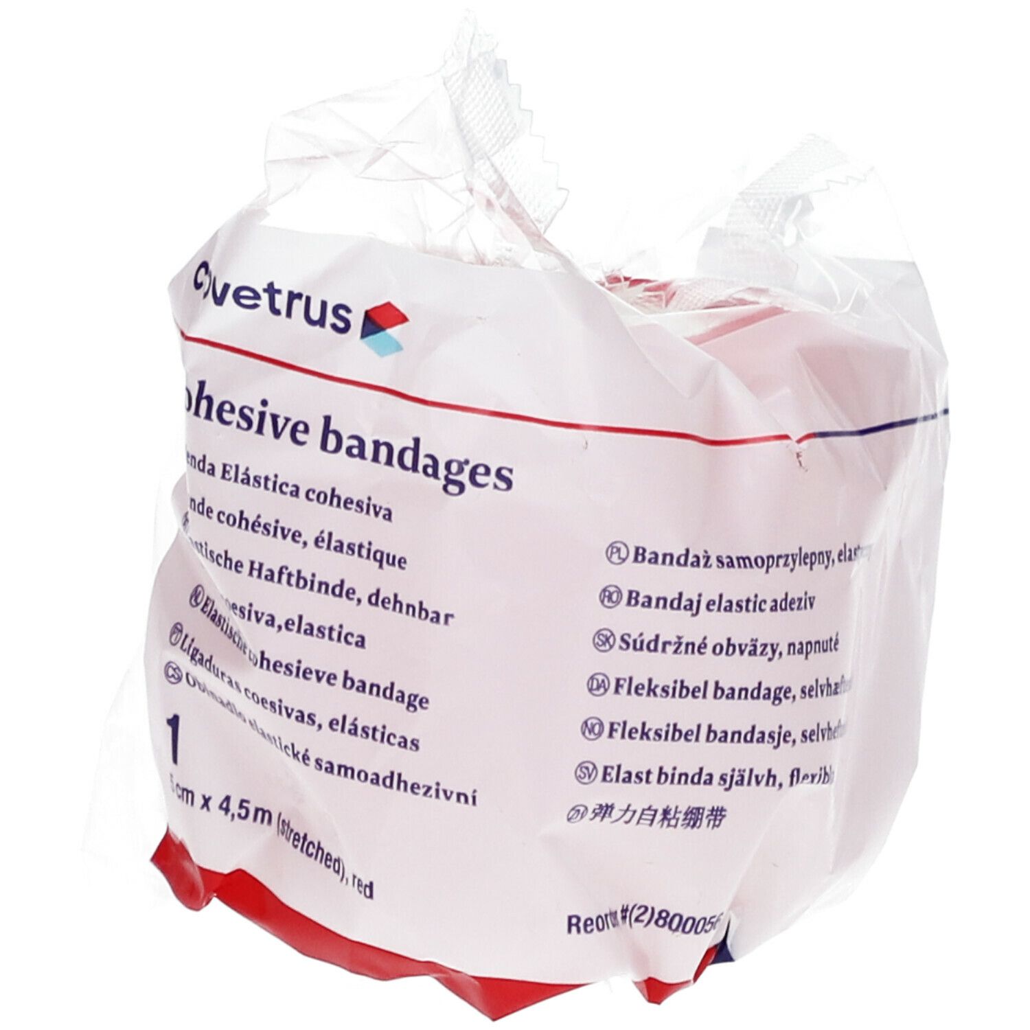 Rote, elastische Kohäsivbinde in Folienverpackung. Aufdruck: Covetrus, Cohesive bandages, 5cm x 4,5m (stretched), rot.