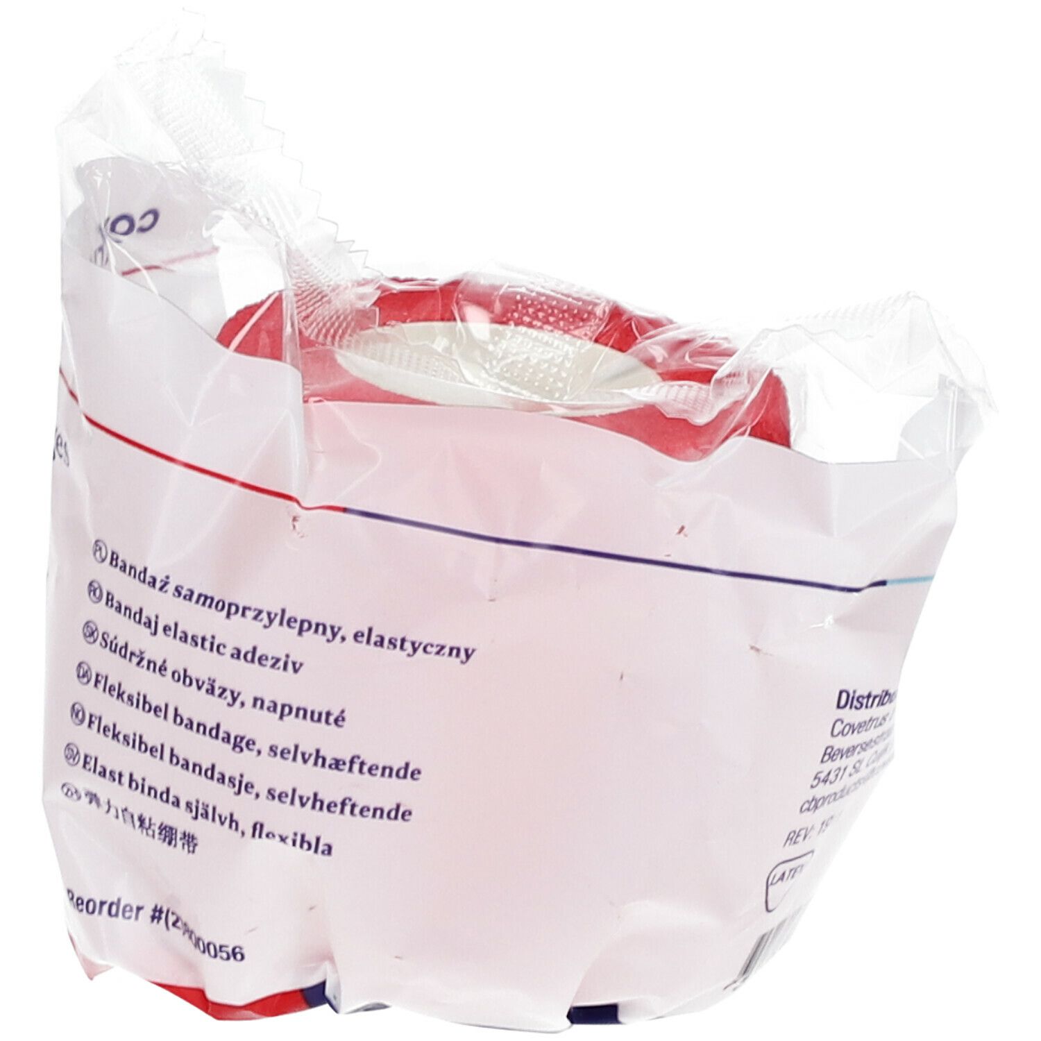 Rolle rote, elastische Kohäsivbinde in Folienverpackung. Aufdruck: Covetrus, Adresse.