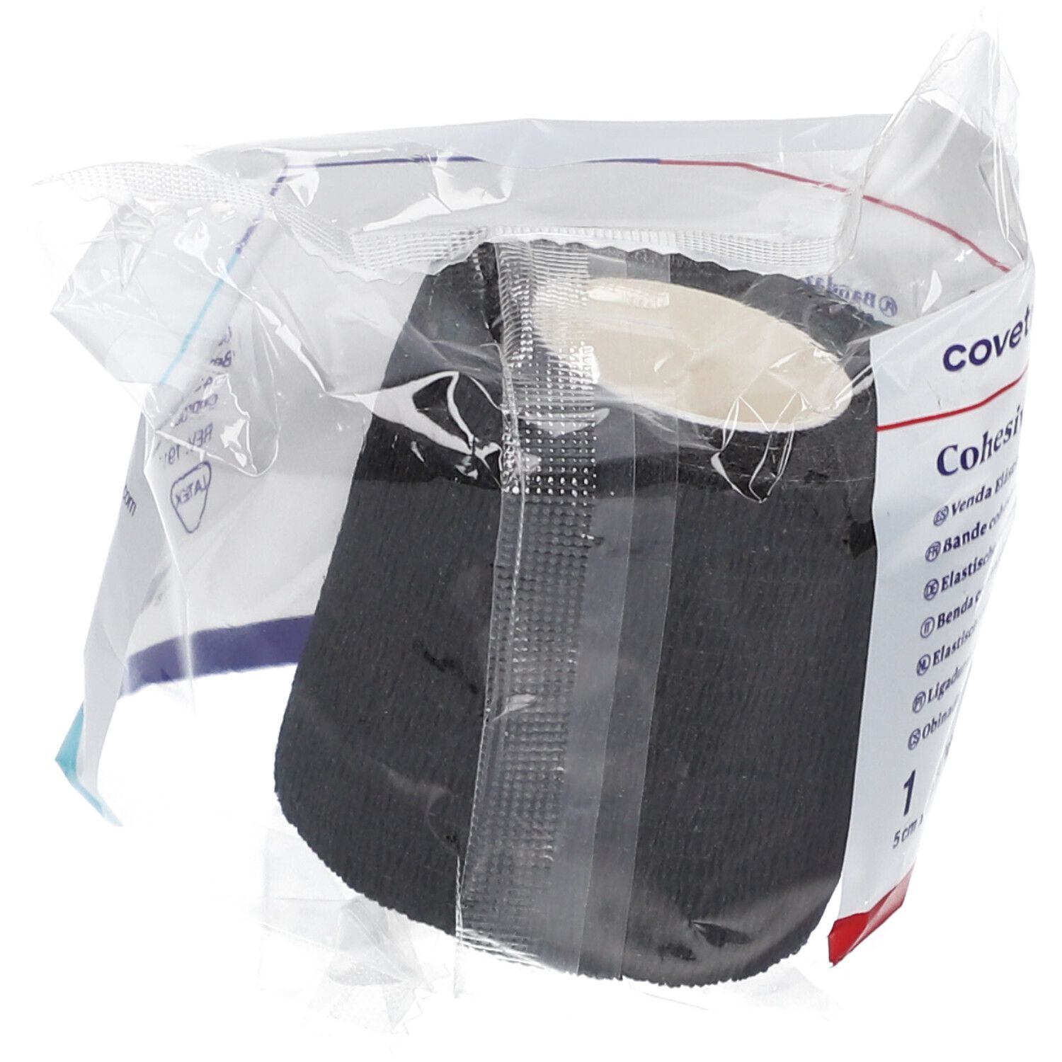 Schwarze, gerollte kohäsive Bandage in Plastikverpackung. Sichtbar: Covetrus Cohesive bandages, 5cm x 4,5m (stretched), schwarz.
