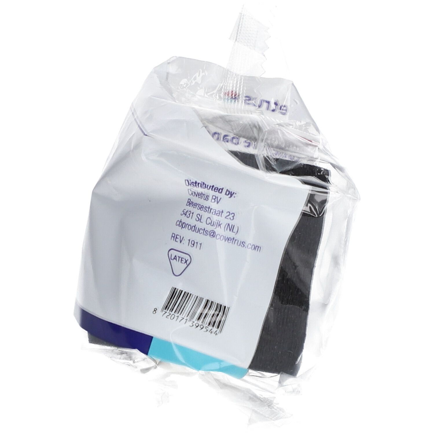 Rückseite der Verpackung mit Informationen. Aufschrift: Covetrus, 5cm x 4,5m (stretched), schwarz. Latex-Symbol.