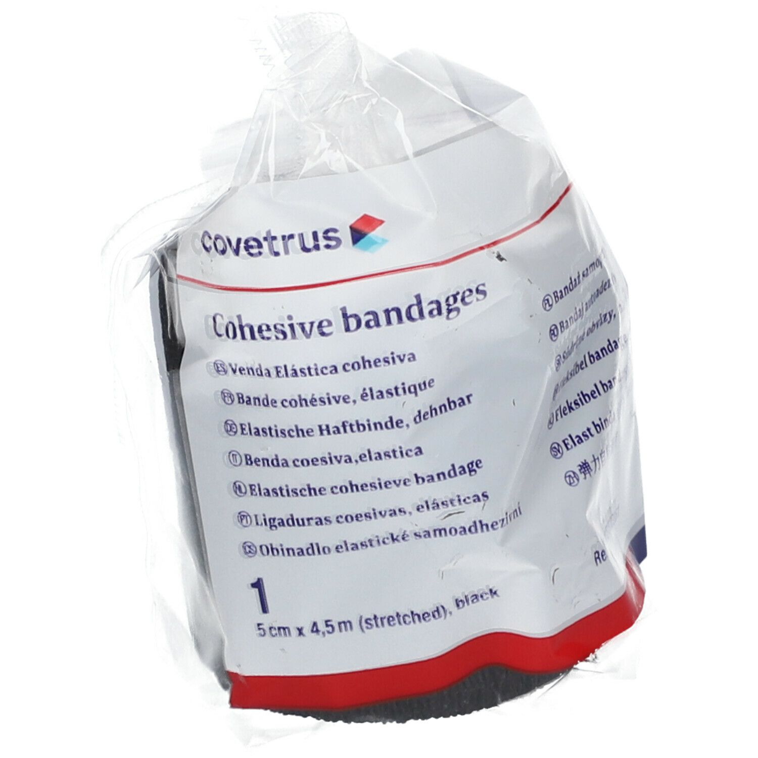 Rückseite der Verpackung mit Informationen. Aufschrift: Covetrus, 5cm x 4,5m (stretched), schwarz. Latex-Symbol.