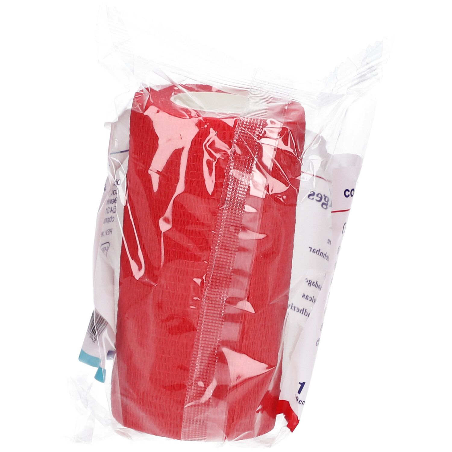 Rolle rote, kohäsive Bandage in transparenter Verpackung. Sichtbar: Ende der Rolle, Verpackung mit Text.